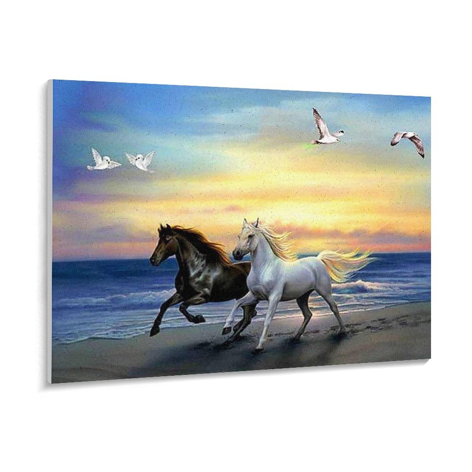 Amazon | 夕暮れ時に2頭の馬が浜辺を走る 数字油絵 リアルな油絵