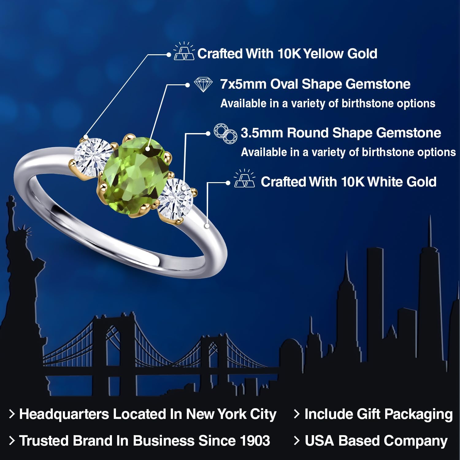 Gem Stone King 10K 2 Tone Gold Green Peridot and White Moissanite 3-Stone Engagement Ring For Women | 1.22 Cttw | Oval 7X5MM and Round 3.5MM