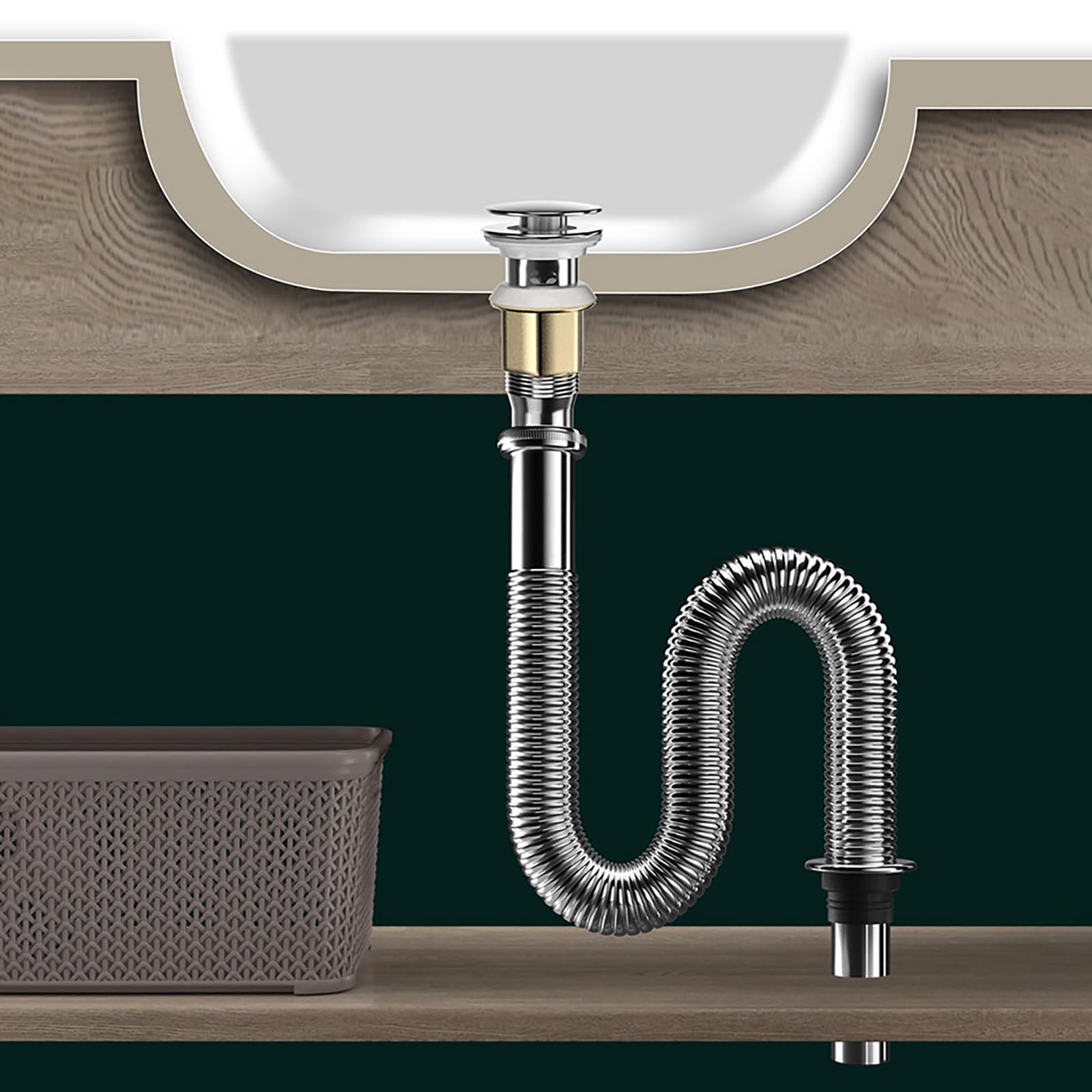 Siphon Waschbeckenaus Edelstahl,Überlauf,Pop Up Ablaufventil,Flexibles Gewelltes Abflussrohr,Geruchsverschluss Waschbecken Syphon für Abflussrohre