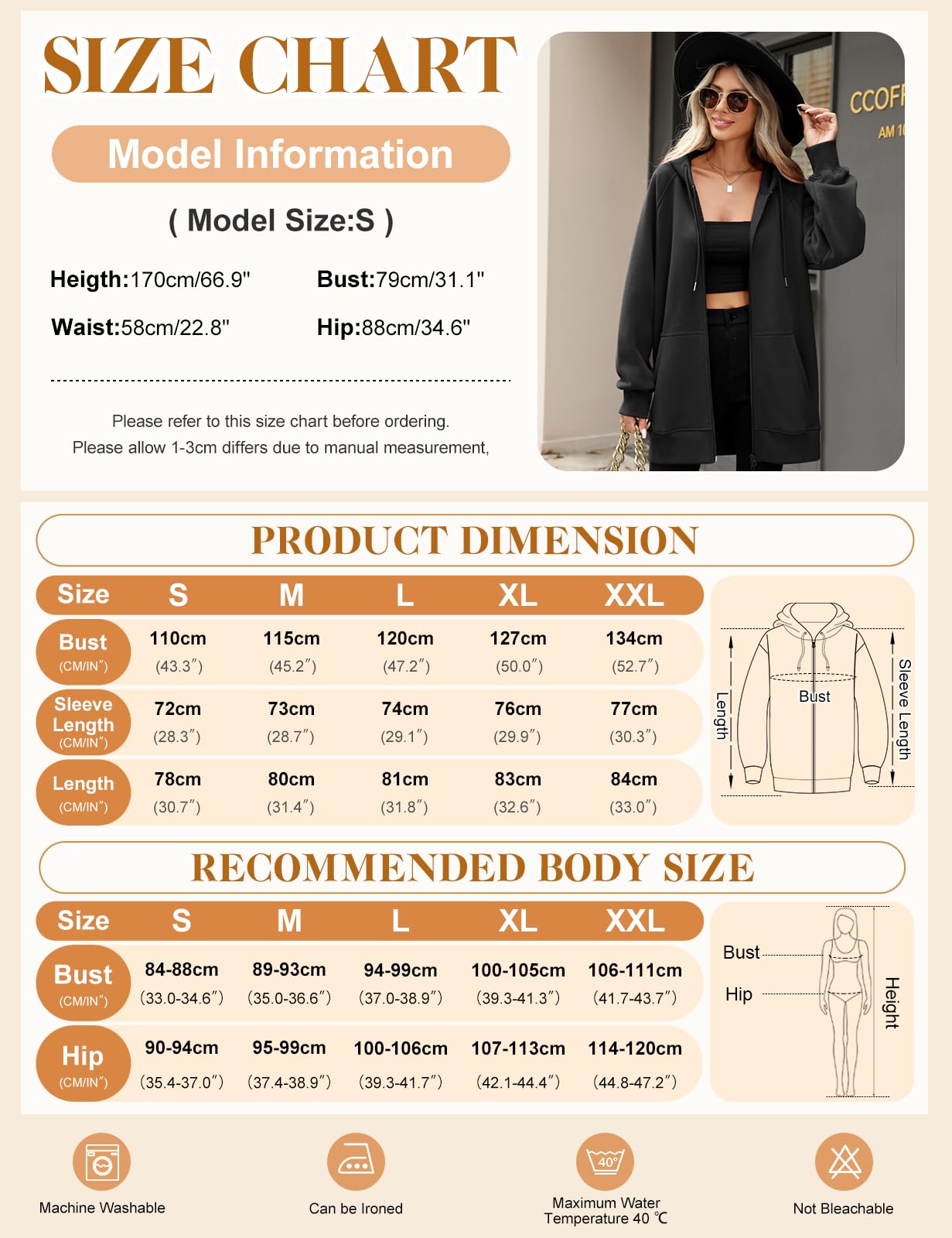 CMTOP Sudadera Cremallera Mujer Largo con Capucha Forro Polar Sudaderas de Manga Larga, Casual Color Sólido Abrigo Hoody Sweatshirt con Bolsillos, Hoodie para Primavera Otono Invierno