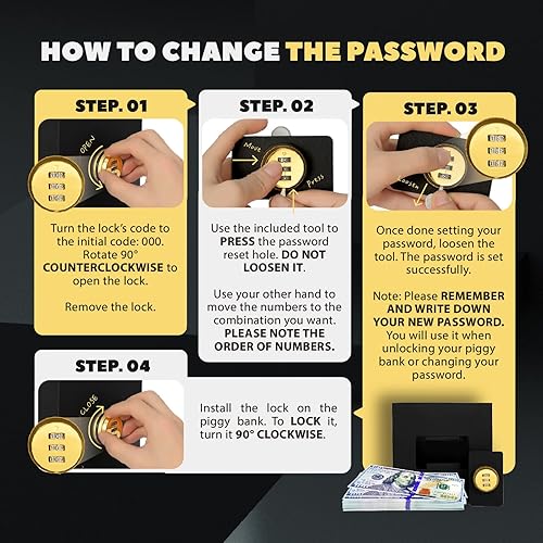 Miniatura 7 de Alcancía de contraseñas para adultos, caja de ahorros reutilizable, caja de dinero de acero inoxidable con cerradura de combinación, caja de ahorros