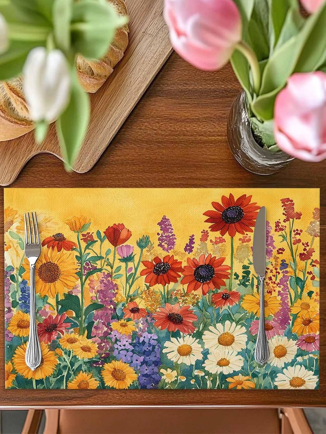 Colorful Sunflower Placemats for Dining Table Set of 12, Farmhouse Botanical Floral Linen Cloth for Square/Rectangle/Round Table Mat Placemat, Kitchen Dinner Holiday Décor