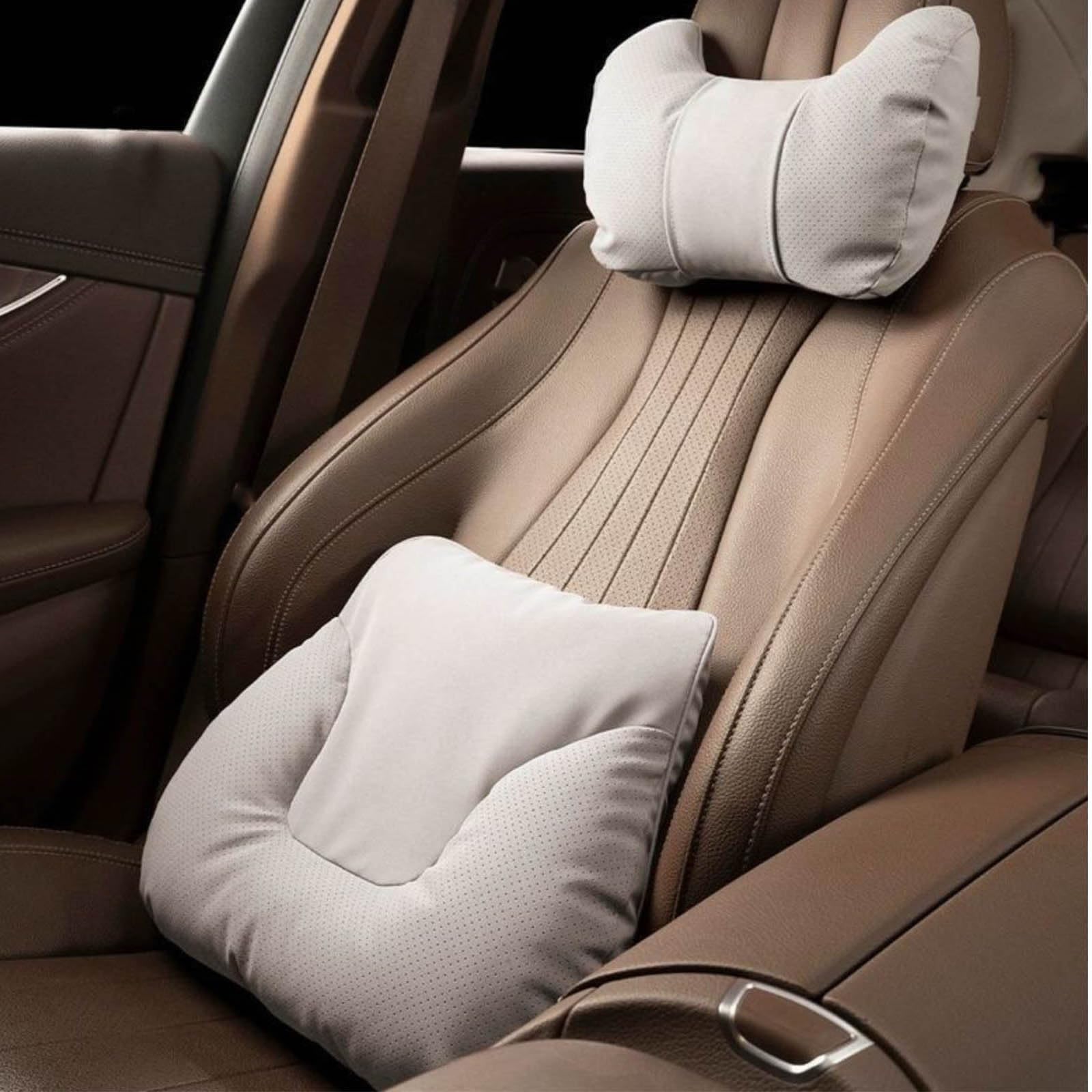 Kit de Almohada Lumbar y Cervical para LINCO Navigator(with armrest) 2018-2023, Cojín Lumbar para Coche y Reposacabezas Cervical Cuero,Beige