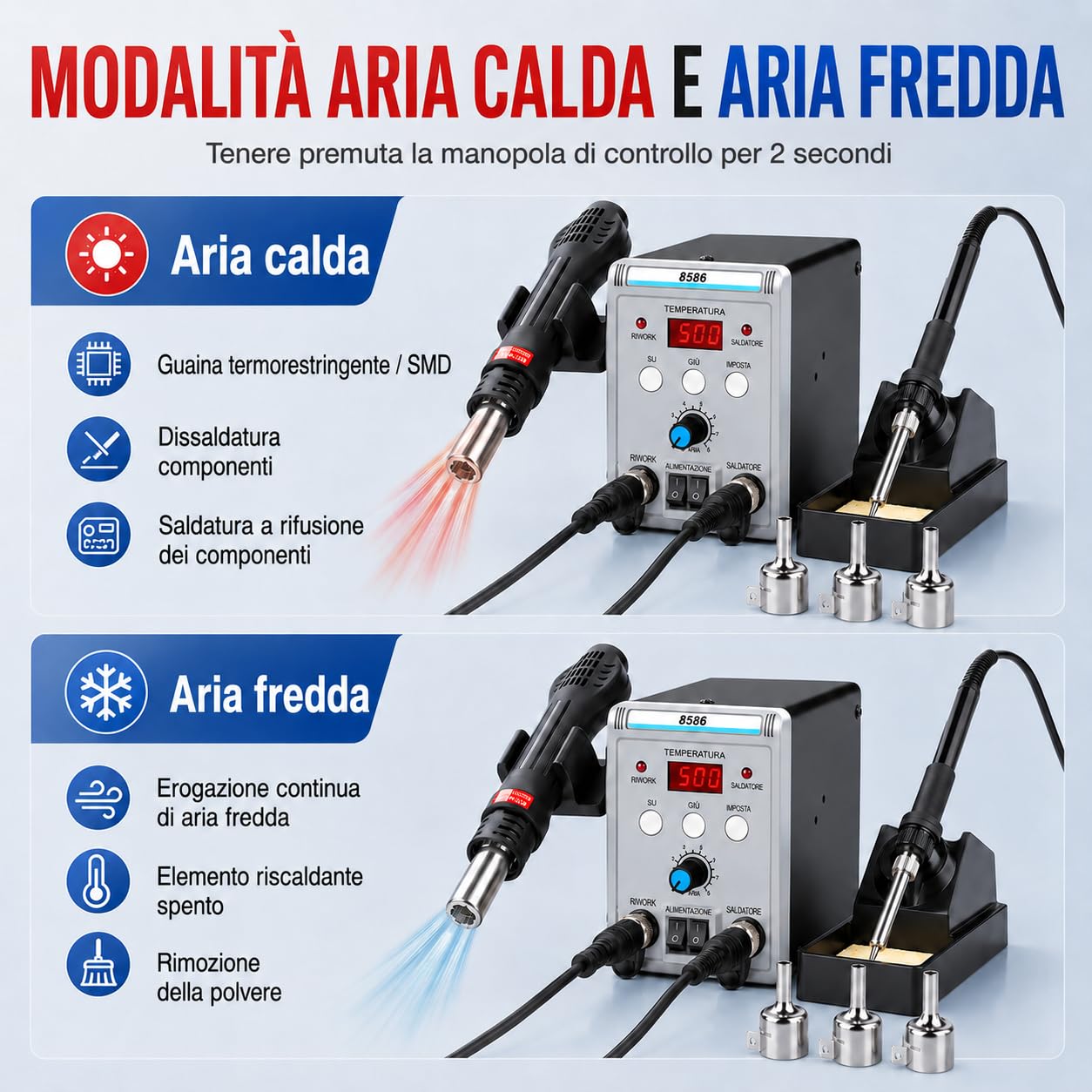 VOBOR Stazione Saldante, 2 in 1 Saldatore a Stagno Professionale ad Aria Calda 700W con Display LED, 200°C-500°C Kit di Strumenti Saldatura per Riparazione Saldante Elettronica