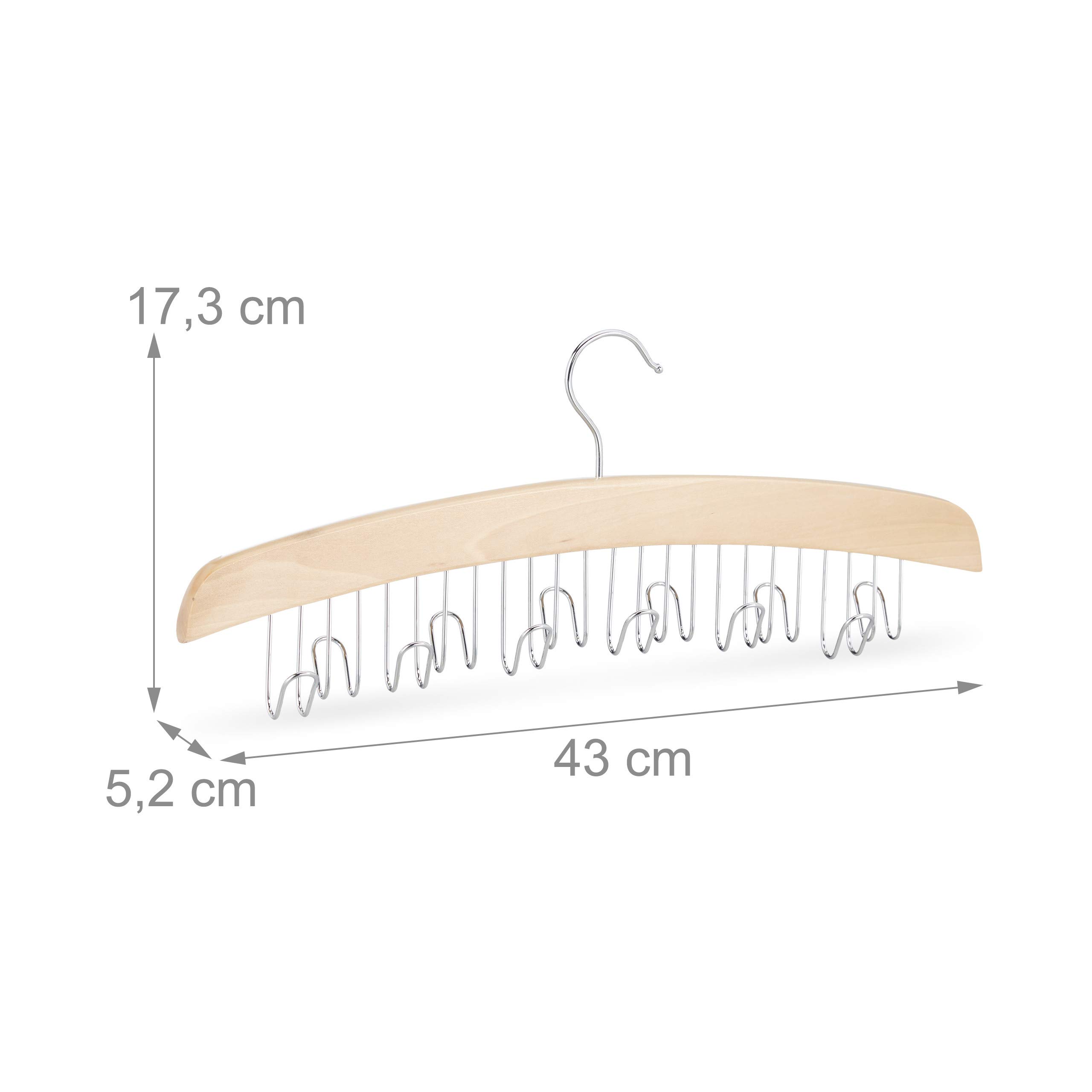 Set 4 Perchas, Ganchos para 12 Cinturones, 360º, Ganchos giratorios, Madera de Loto, Marrón y Plateado, 17 x 43 x 5 cm