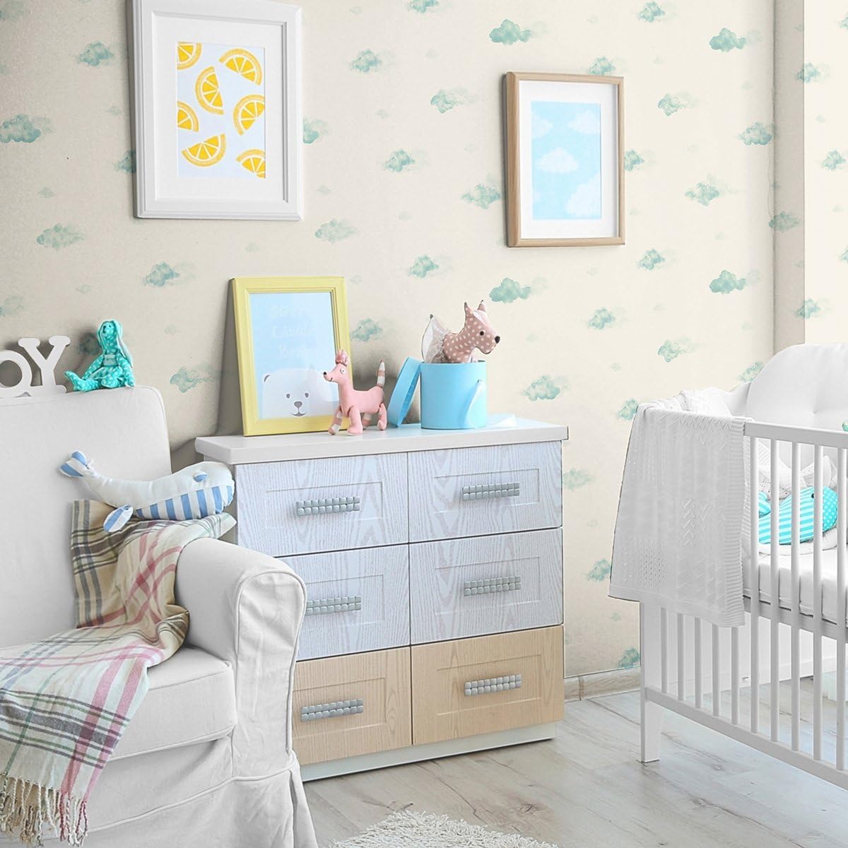 Walls By Me Peel and Stick Aqua Blue Clouds Baby Removable Wallpaper 3249-2ft x 4ft (61x122cm)