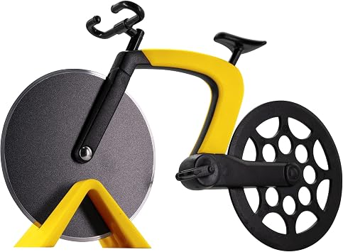Bicycle Pizza Cutter Wheel with Holder, Robust Bicycle Shape 2.4 Stainless Steel Pizza Knife, Frosted Surface Non-Stick & Sharp Blades, Pizza Slicer Funny Kitchen Gadget Yellow