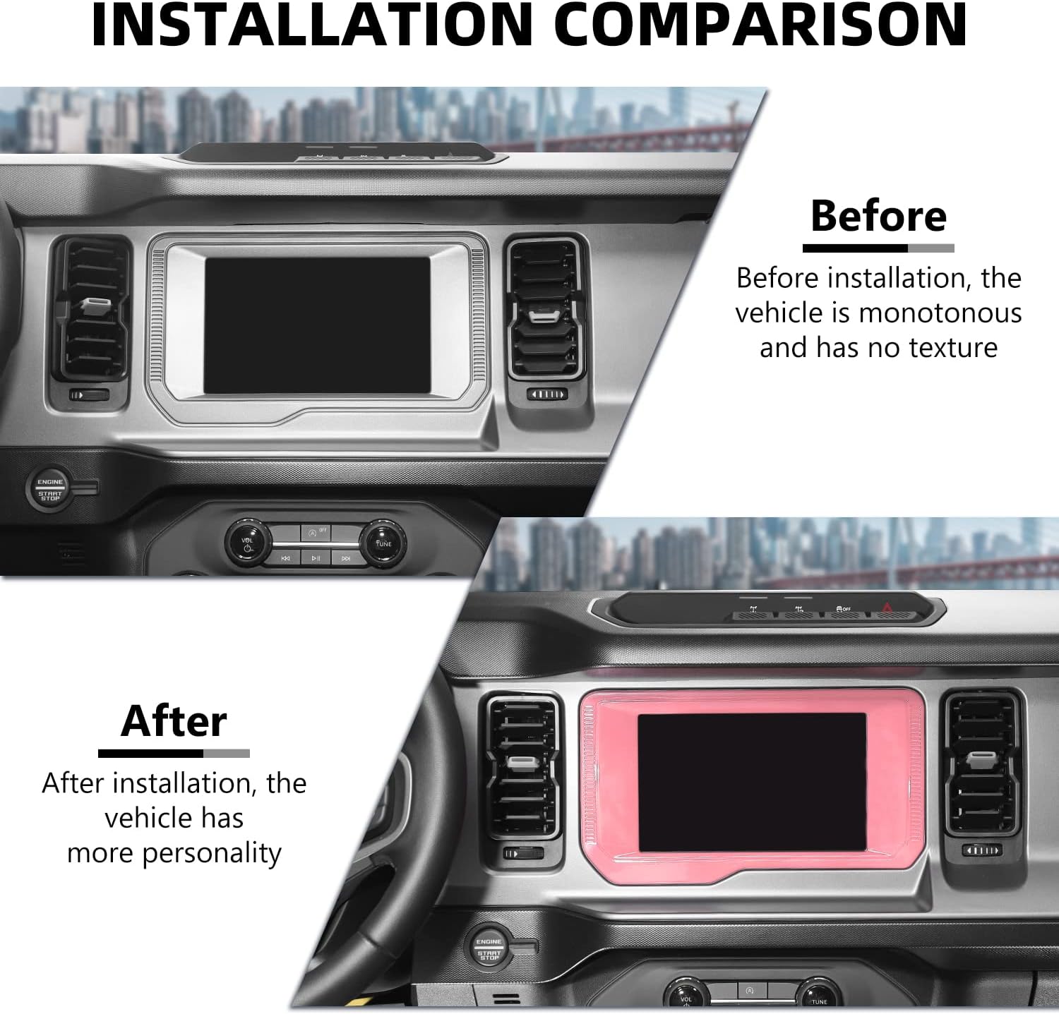 RAZPOY Center Console Navigation Screen Panel Cover Trim Compatible with Ford Bronco 2021-2023, Pink (Only for Small Screen)