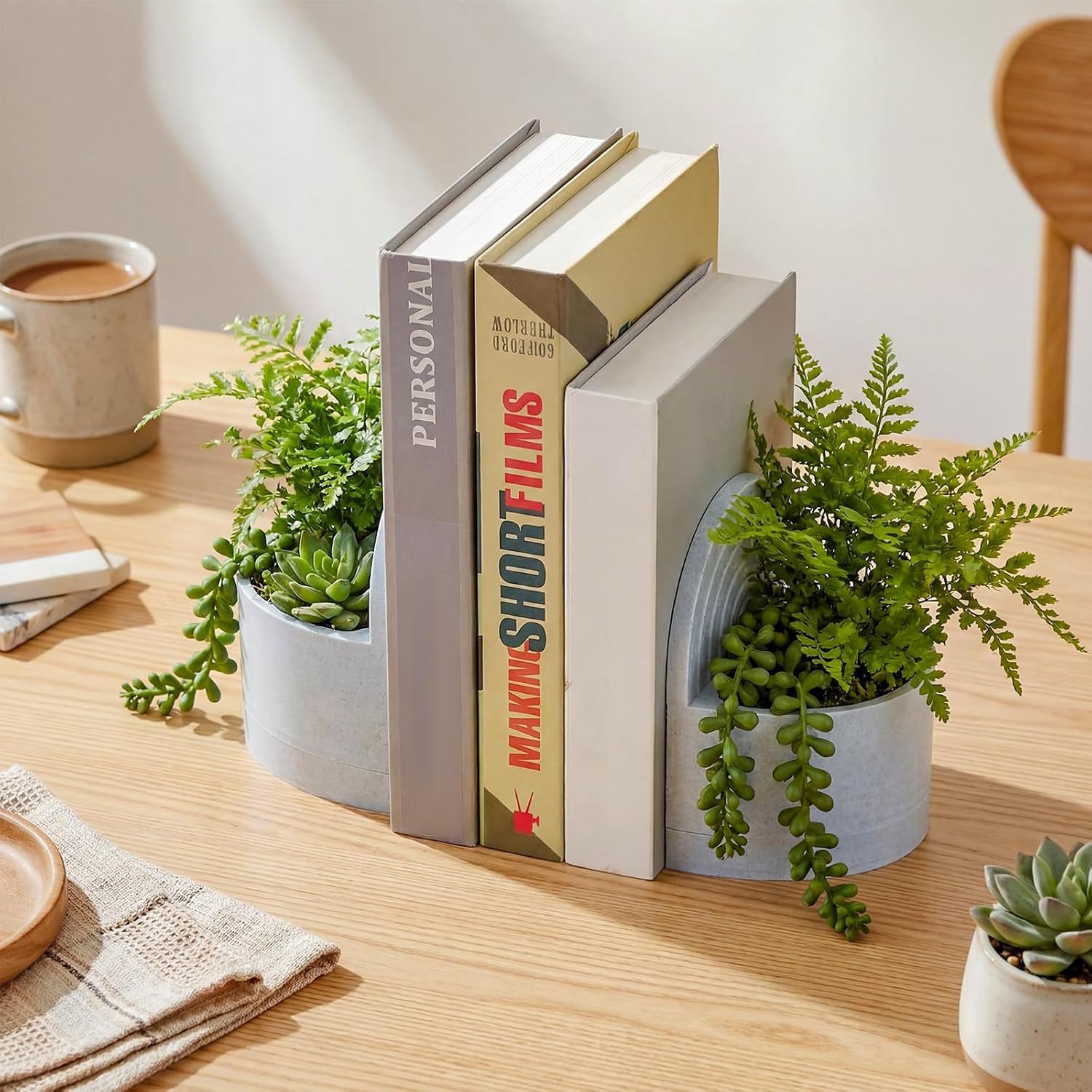 SiliFine 3D Printed Plant Pot Bookend Marble White with Hidden Water Tray