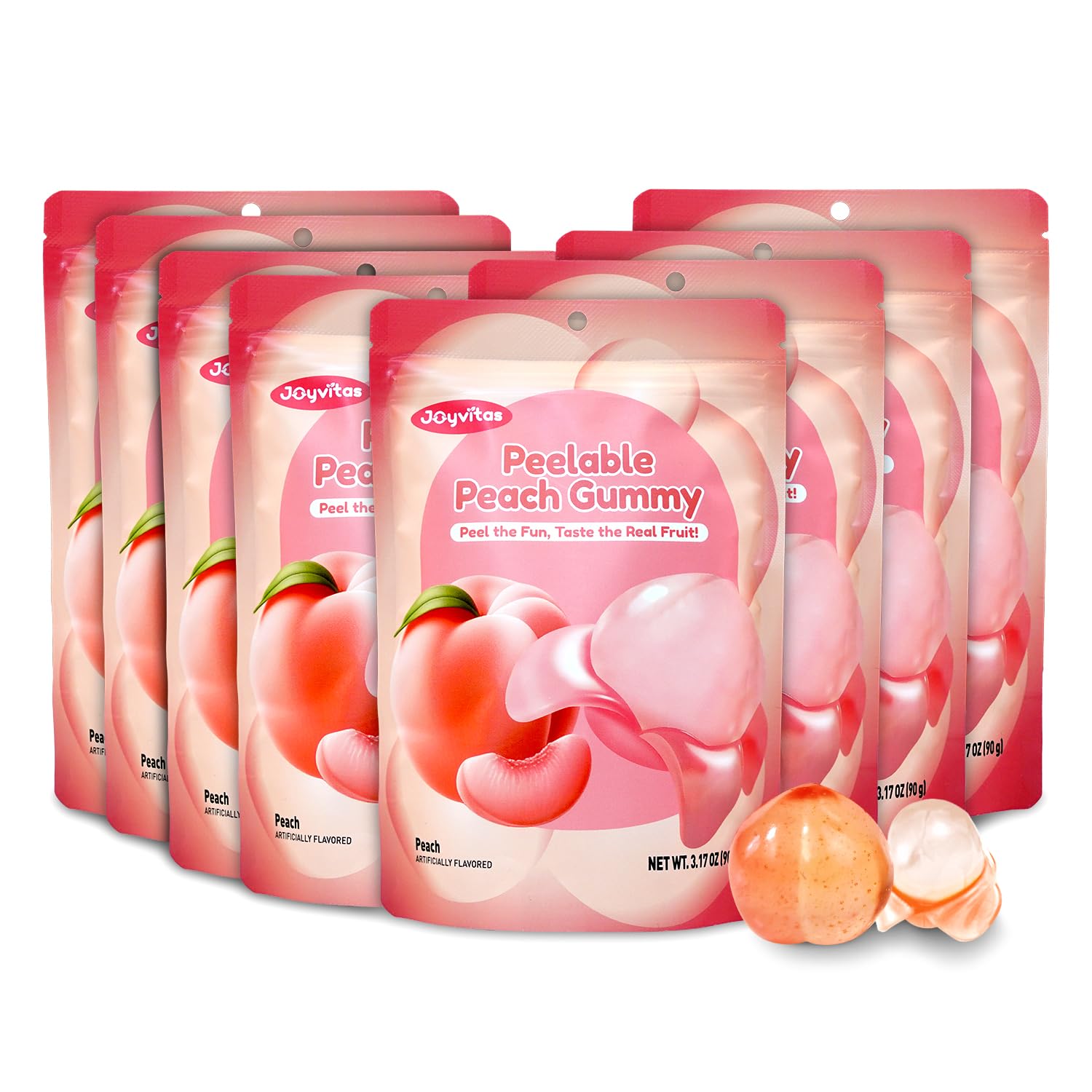 Peelable Gummy Candy Intense Peach Fruit Chewy Gummy Snack Low Sugar & Calorie, Healthy Snacks For Kids & Adults – Individual Soft & Chewy Candy Snacks (Pack of 8, 3.17OZ, Peach)
