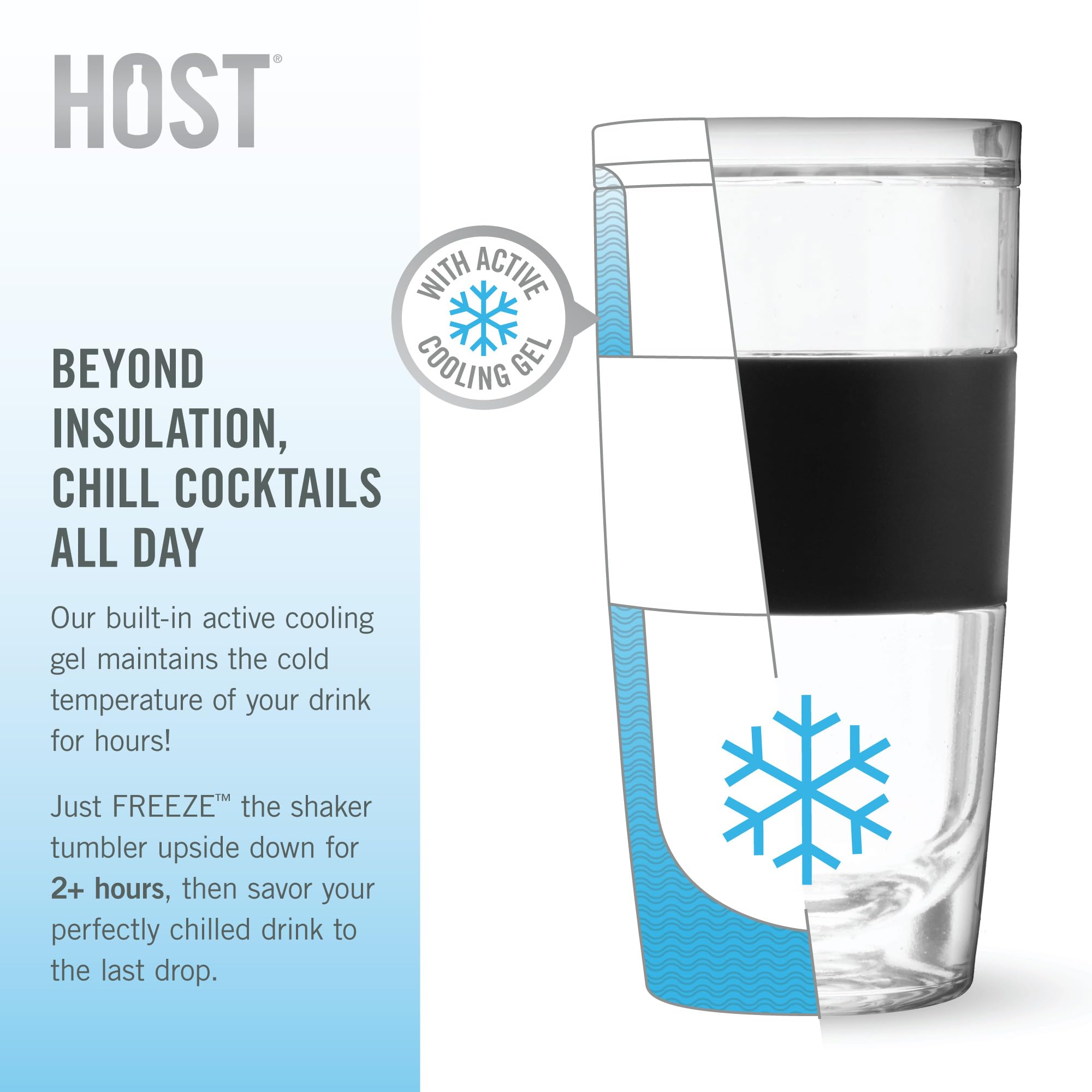 HOST Shaker per cocktail FREEZE Tazza a doppia parete con alesatore di agrumi, tappo jigger in acciaio inossidabile, filtro e gel rinfrescante attivo, set da bar nero, 590 ml, grigio