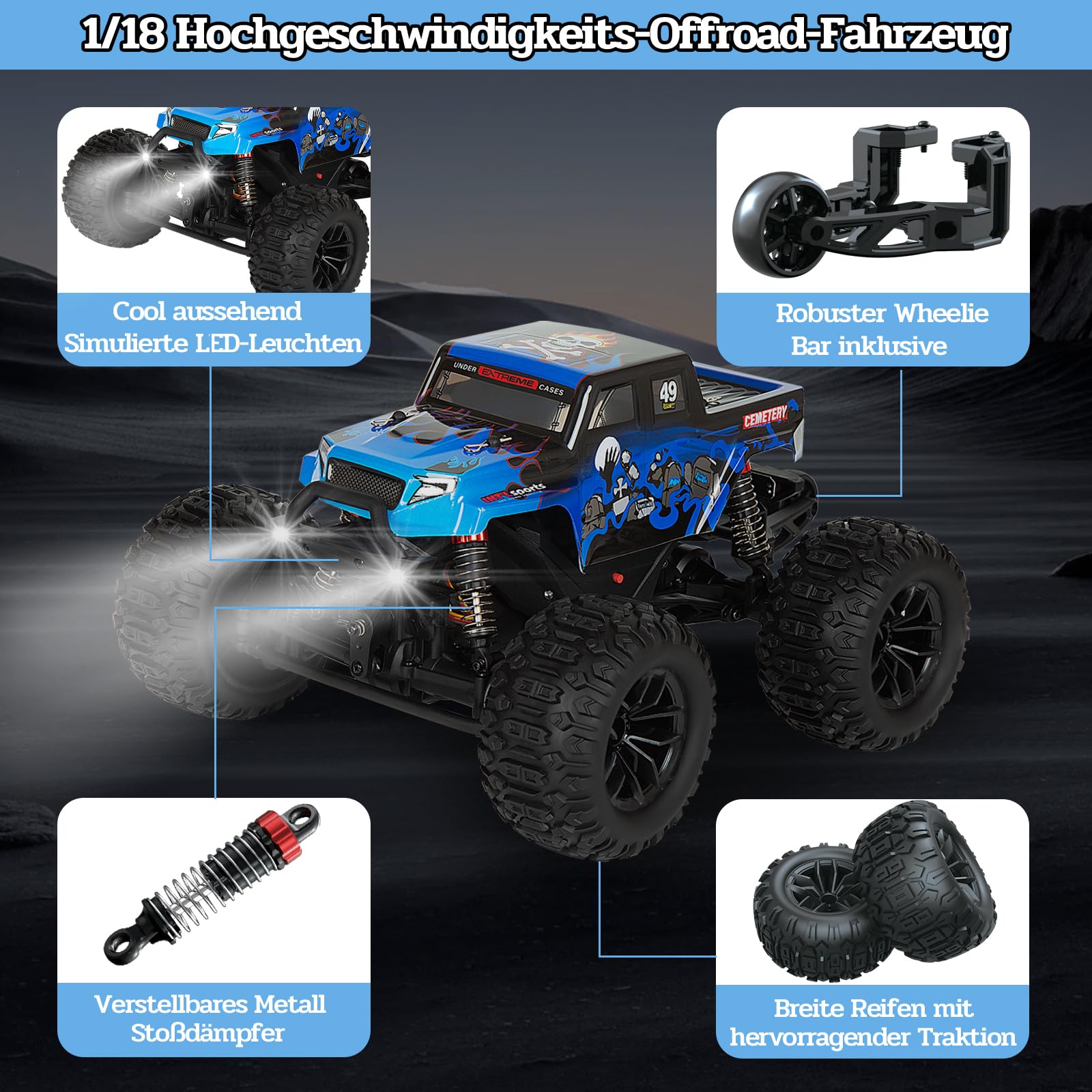 40 KM/H Ferngesteuertes Auto,1:18 RC Auto Ferngesteuert Monstertruck RC Car | Schnelles Ferngesteuertes Auto Monster Truck für Erwachsene RC Auto Ferngesteuert für Jungen