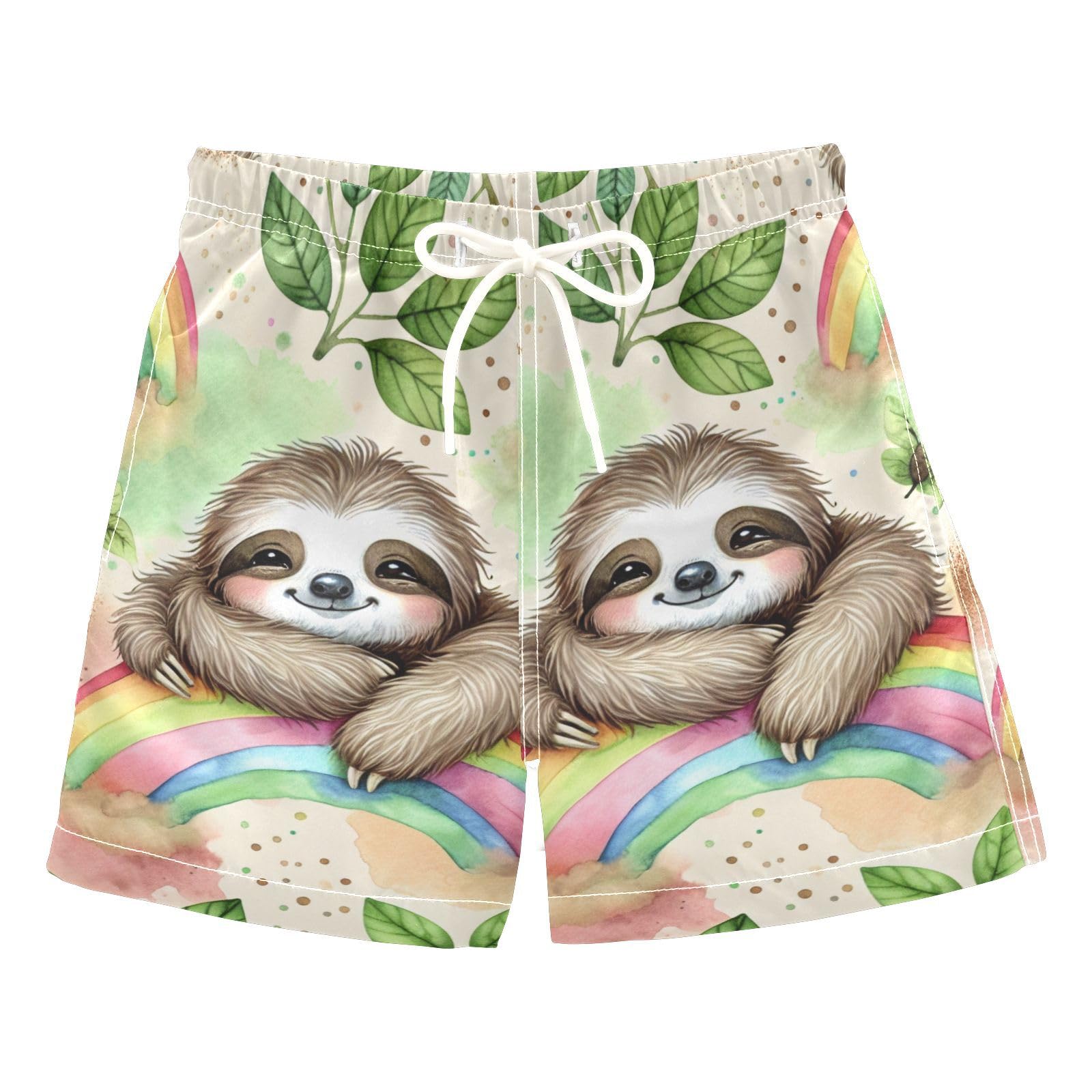 FLildon Sloth on Rainbow Little Boys Swim Trunks with Mesh Lining Quick Dry Beach Board Shorts, 3T