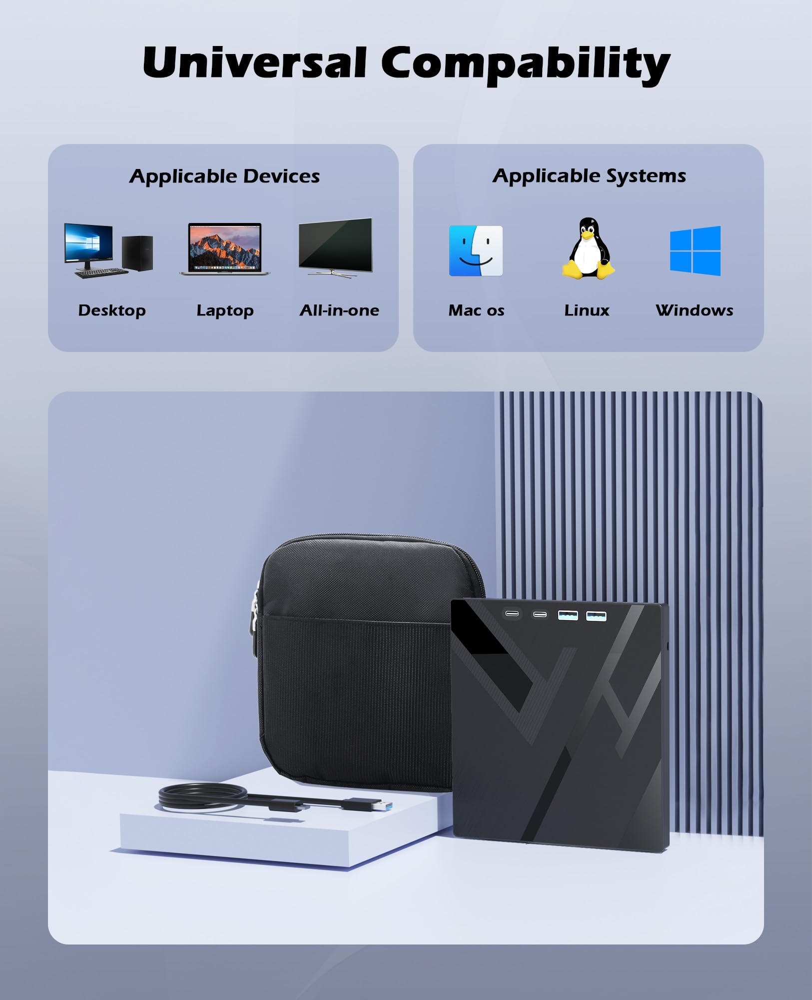Lecteur Blu-ray externe 7 en 1, Blueray/DVD externe pour PC avec port SD/TF, lecteur Blu-Ray externe 100 G pour ordinateur portable Windows Linux MacOS (avec étui de transport)
