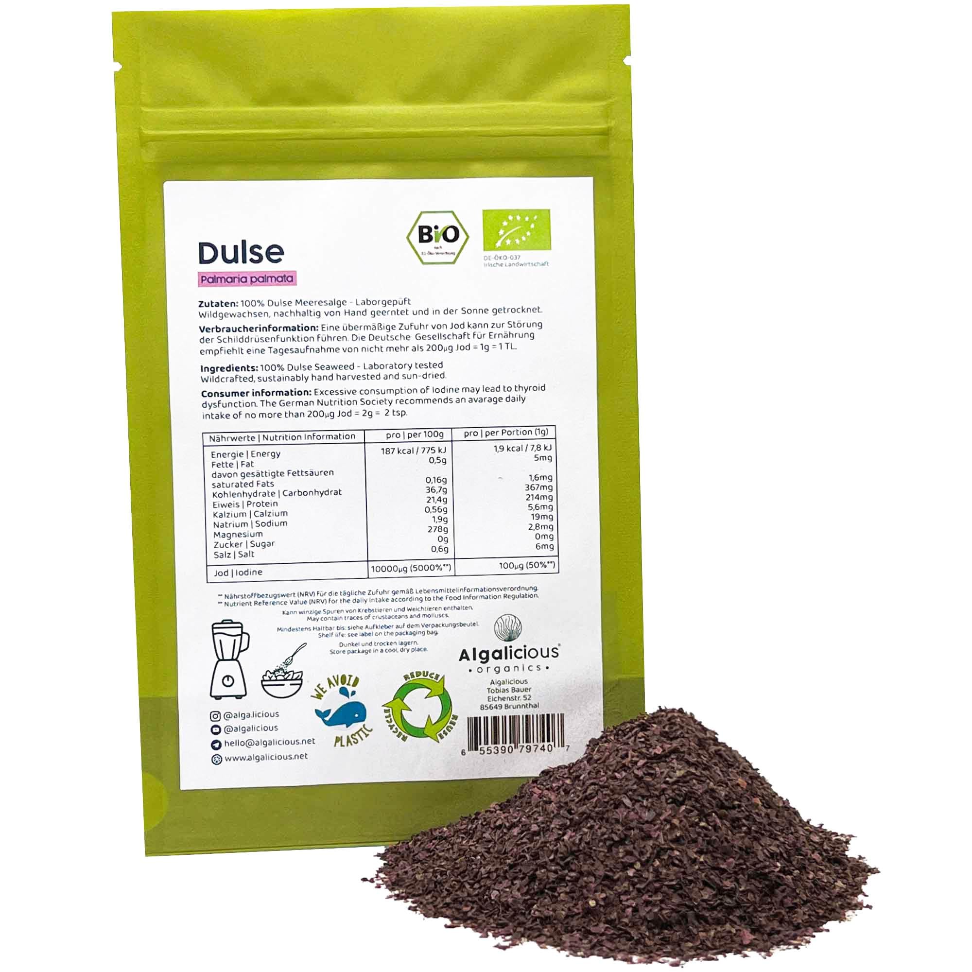 Bio Alga Dulse Copos 2 mm | 50 g de Atlántico Norte | Palmaria palmata es rica en vitamina B12 | ALGALICIOUS Algas irlandesas silvestres y recolectadas manualmente