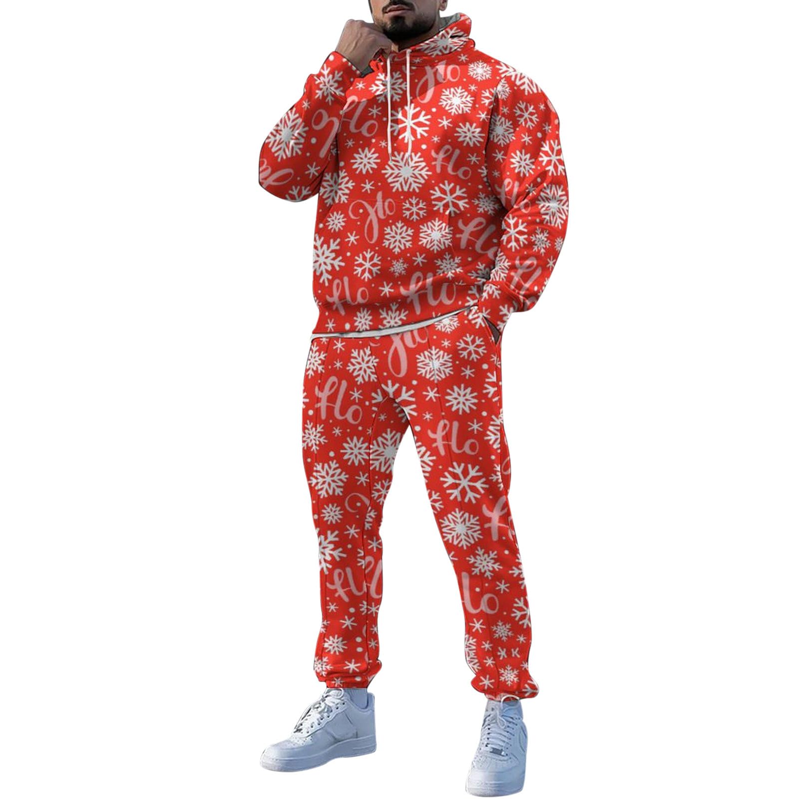 Générique Set di abbigliamento sportivo da uomo 2 pezzi Pantaloni della tuta con cappuccio stampati natalizi casual da uomo