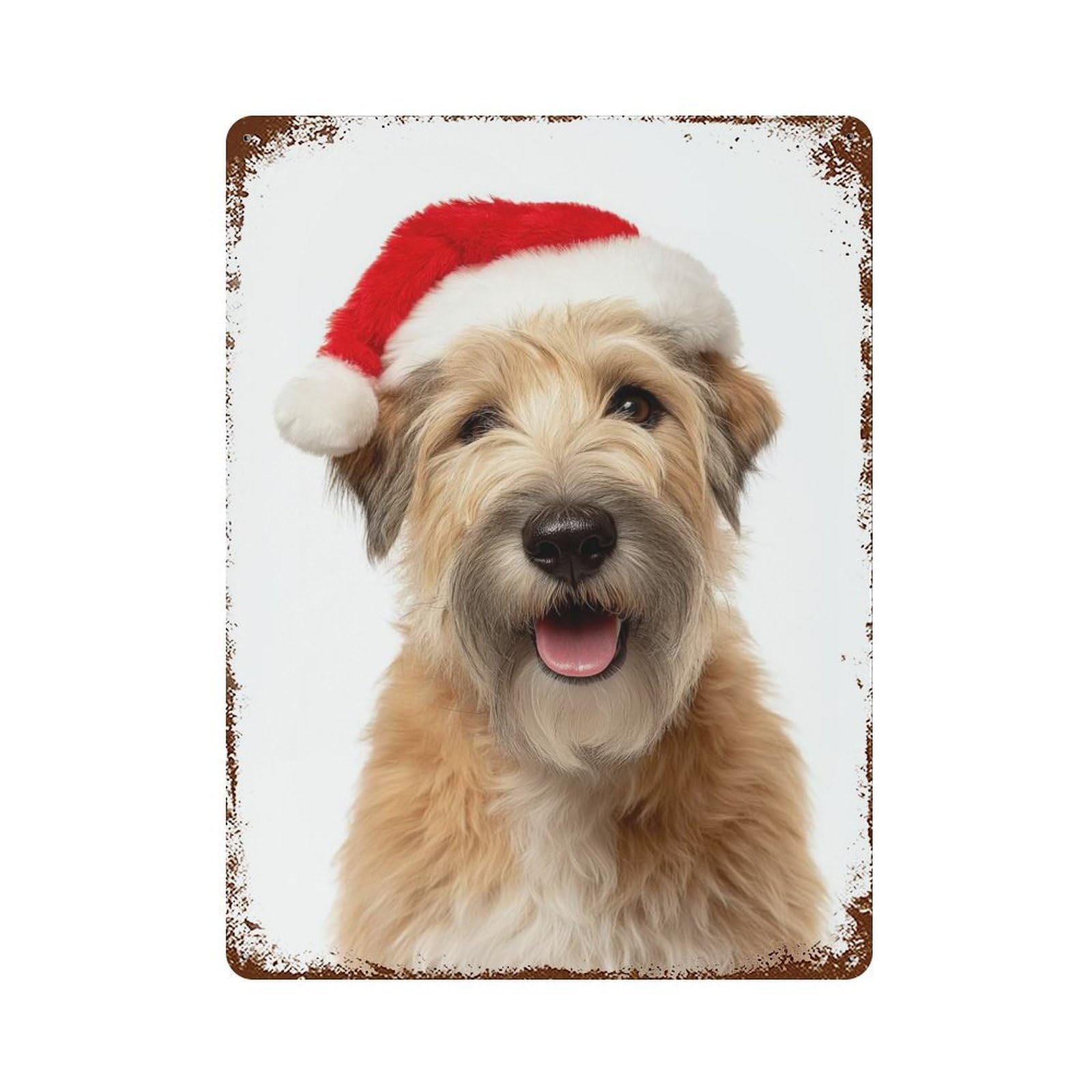 Soft Coated Wheaten Terrier Dog with Santa Hat Portrait Rusty Metal Tin Sign 15.7"x11.8", Ideal for Patio, Garden Room And Bar Decor