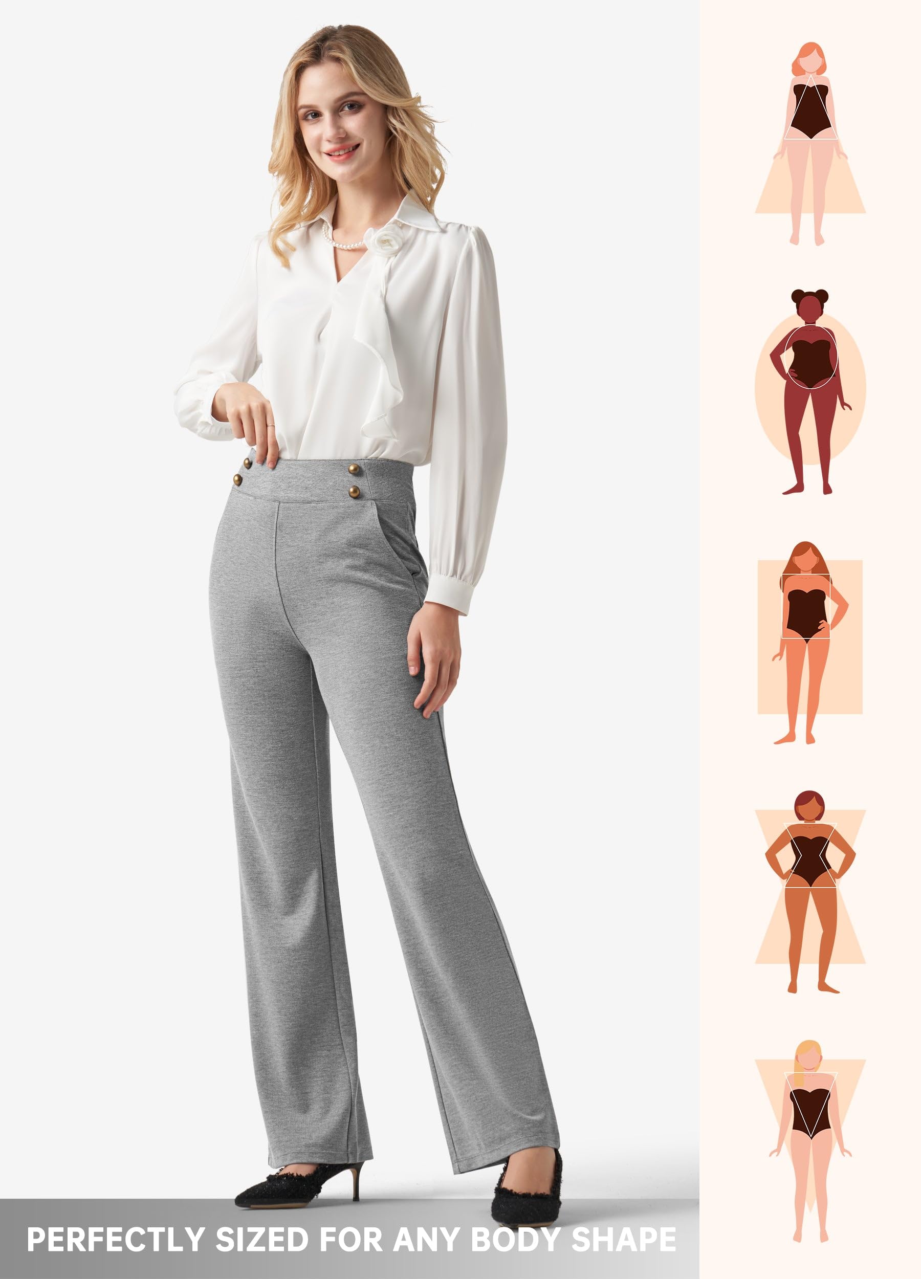 Willit Pantalon habillé à jambe large pour femme - Pantalon de travail extensible taille haute - Pantalon de travail décontracté - Poches - Petite/régulière/grande