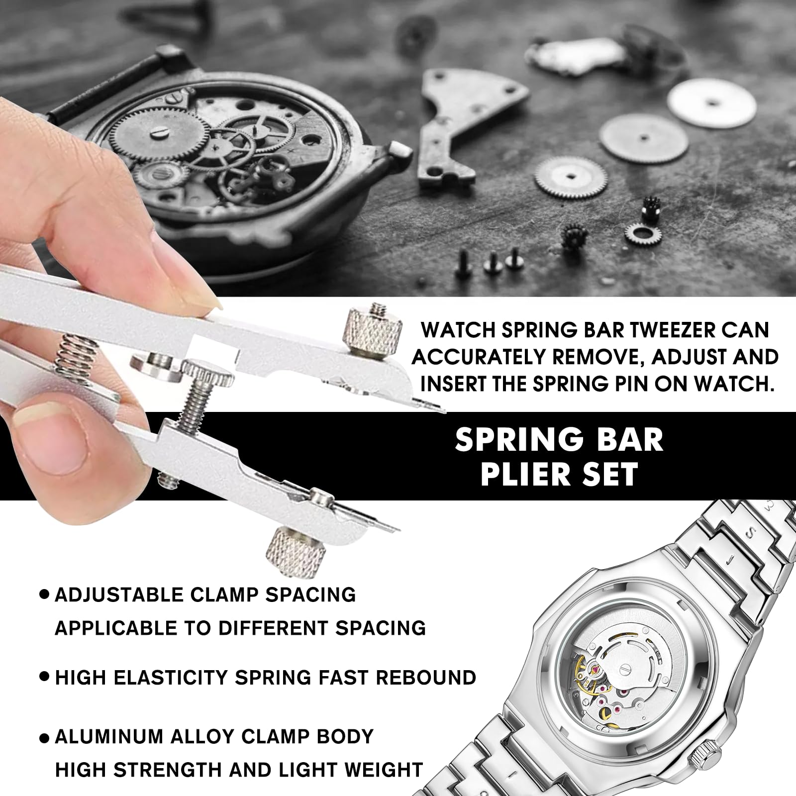 Uhrenfederzange, Werkzeugset, Uhrenarmbandzange mit 10 Spitzen, Stiftleiste, Pinzette, Werkzeug zum Zerlegen und Ersetzen von Uhrenarmbändern (Silber)