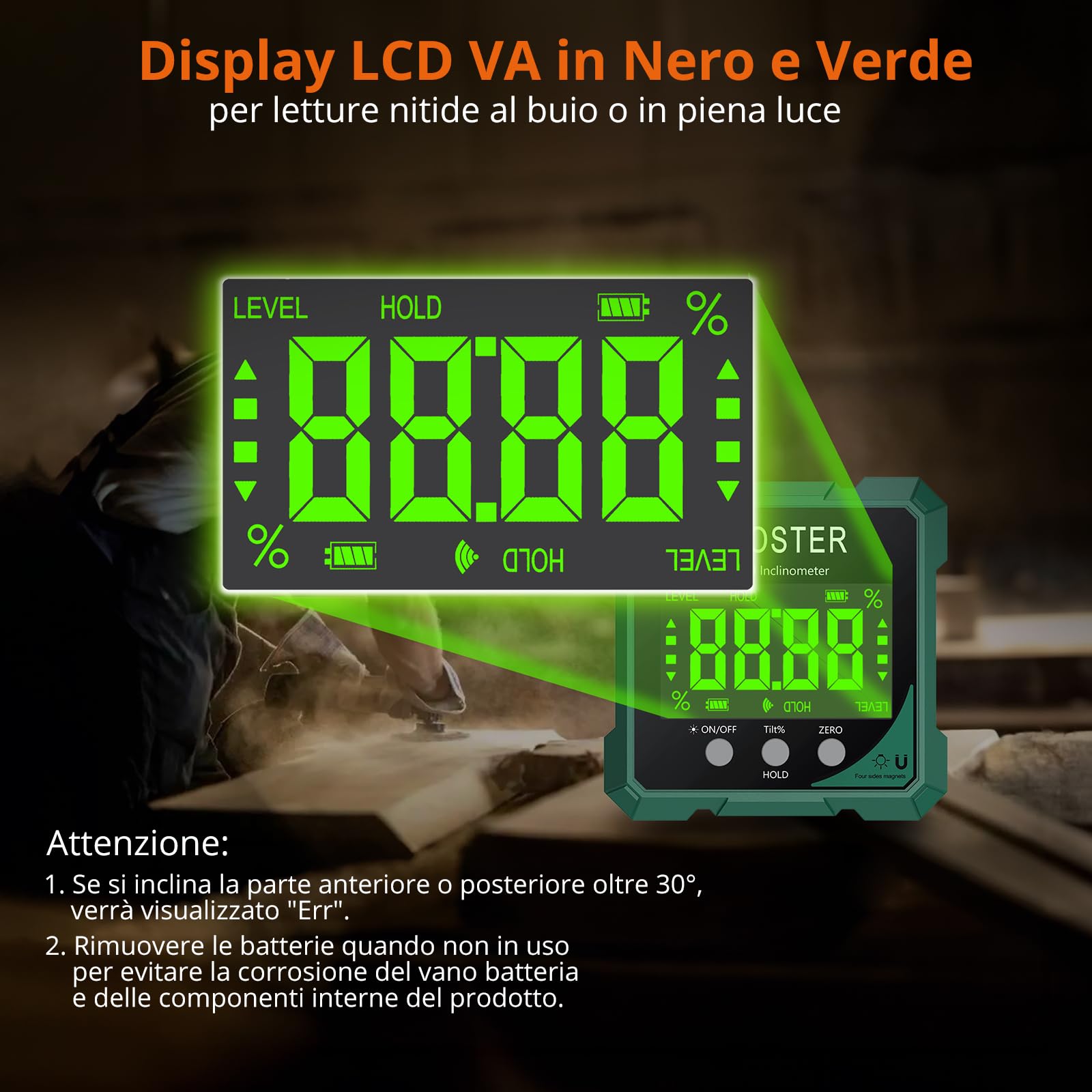 Proster Livella Digitale Ricaricabile con Laser Verde Misuratore Angolare Magnetico 4 Lati Display LCD VA Impermeabile IP54 per Carpenteria Falegnameria e Costruzione Funzione Zero e Lettura Ribaltata
