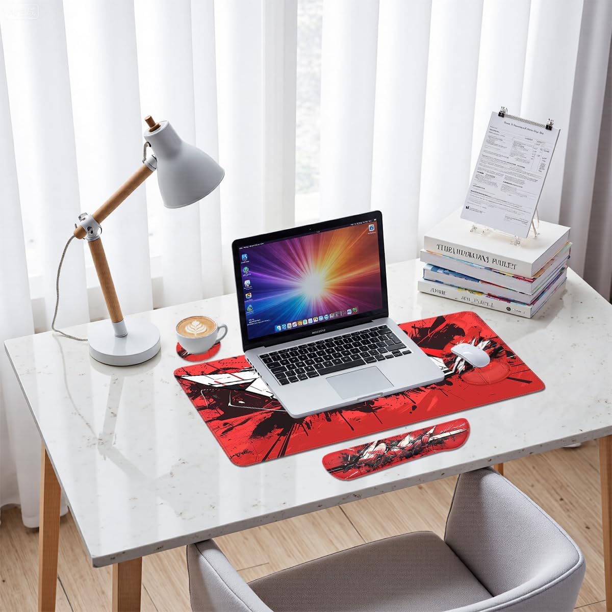 Graffiti Art Mouse Pad Set Abstract Red Black White Street Style Gaming Mousepad 4in1 Desk Mat for Desktop Anti-Slip XXL Big Computer Ergonomic Mousepad with Wrist Support for Keyboard and Mouse