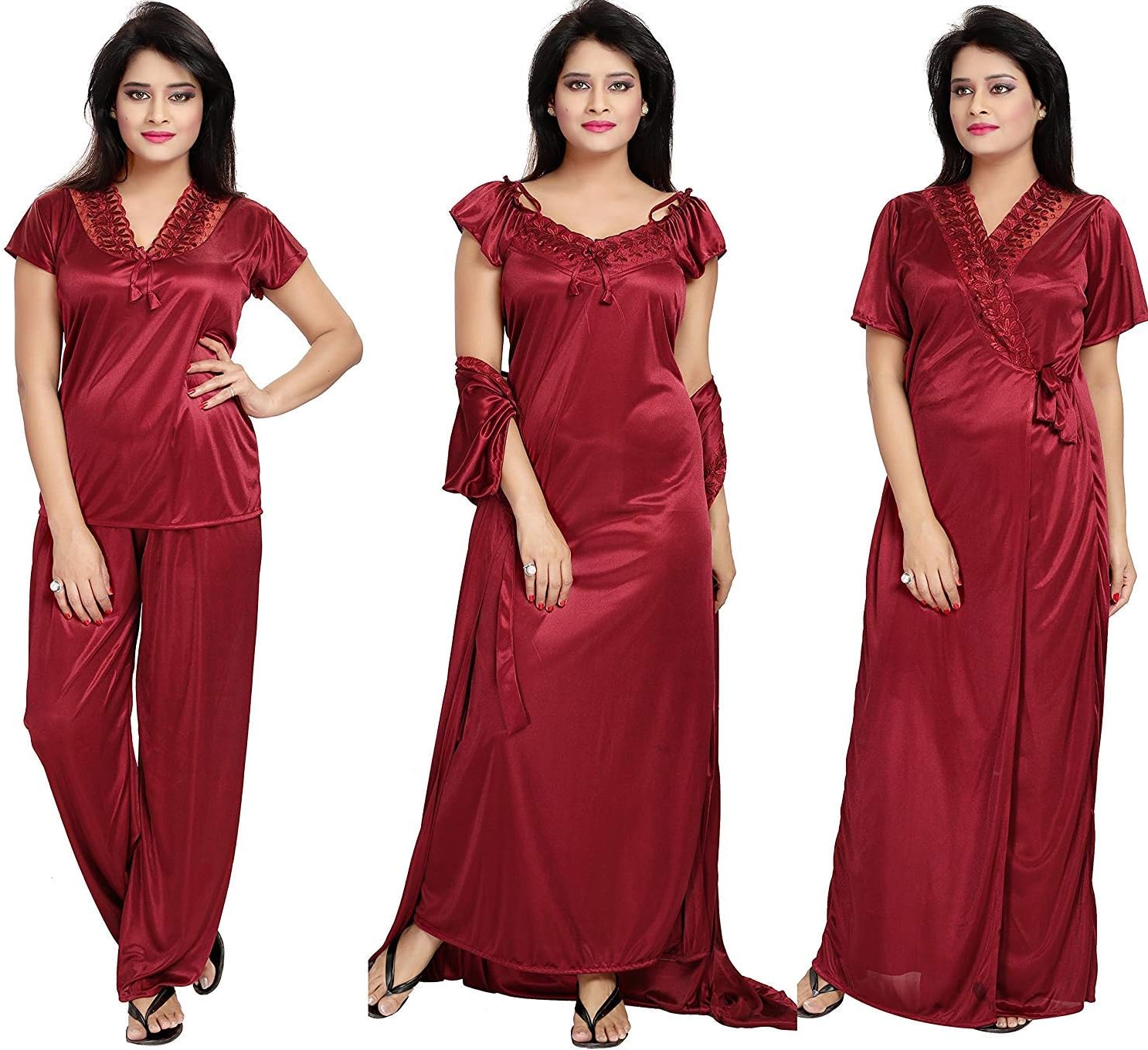 Women's Satin Solid Nightwear Set of 4 Pcs Maxi Nighty, Wrap Gown, Top, Capri (Maroon, Free Size)