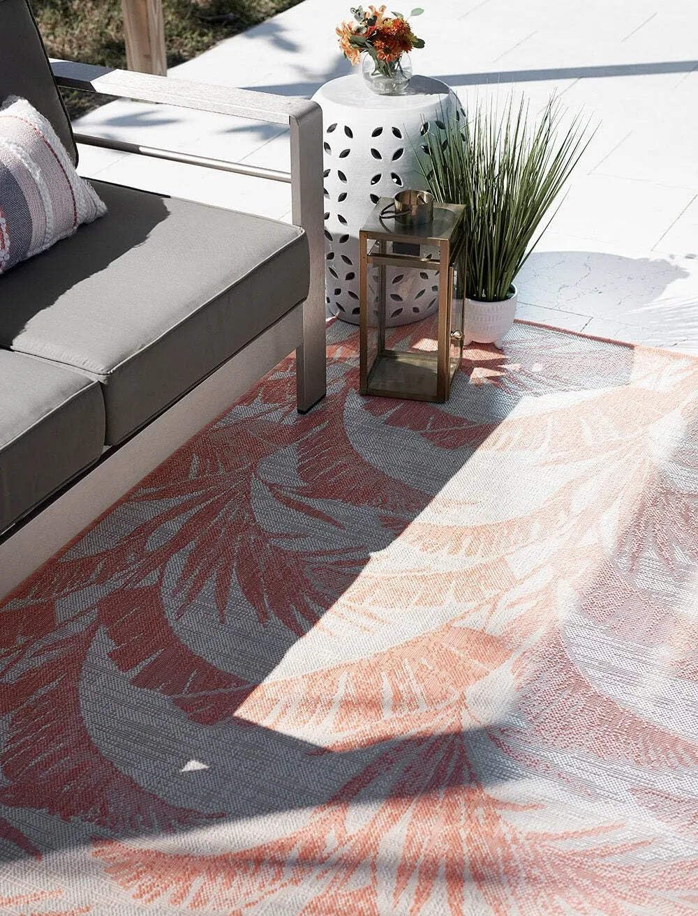 Coral and Beige Rectangular Washable Synthetic Rug, 6'6" x 9'