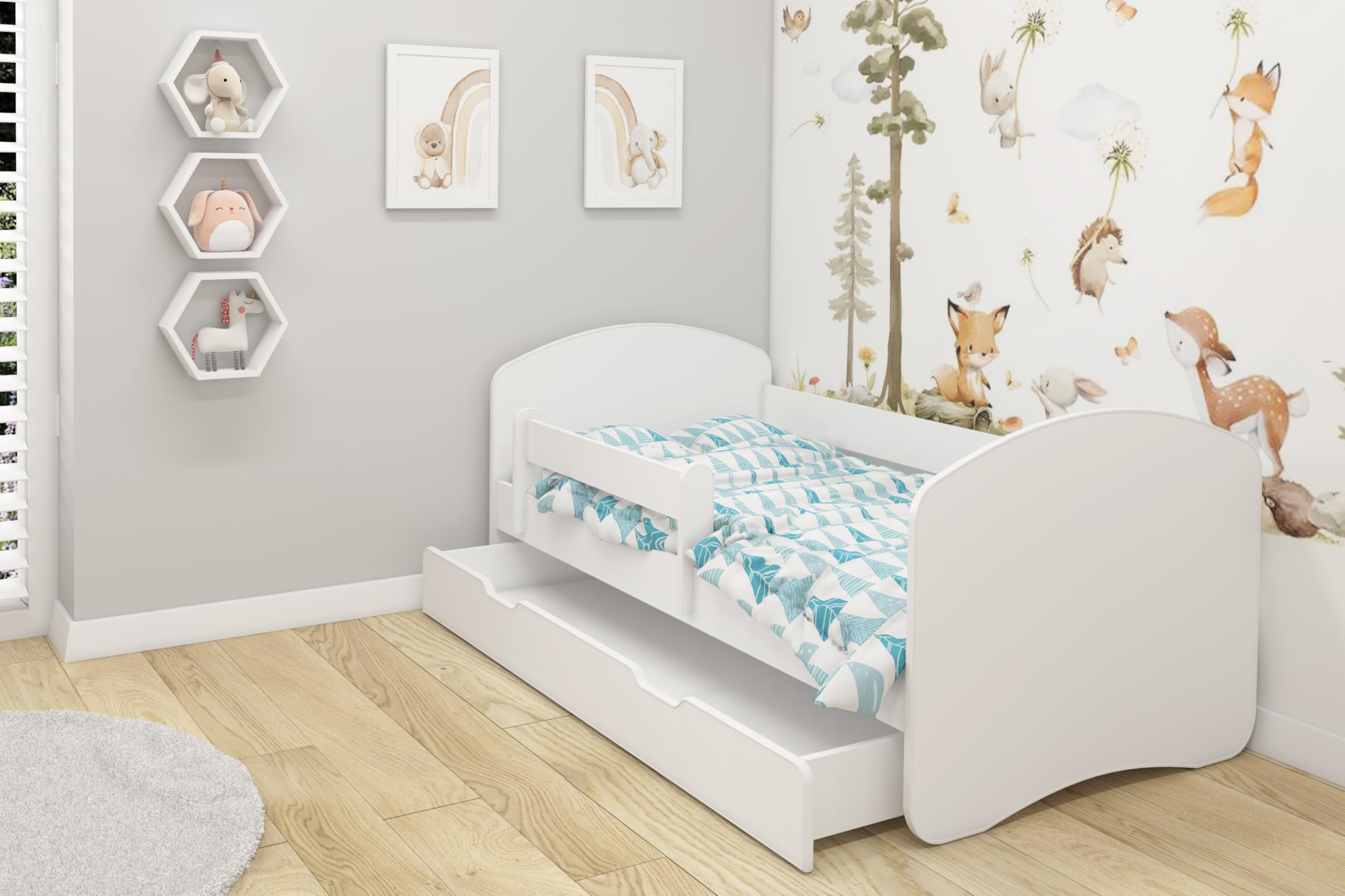 Cama infantil y juvenil Acma II con un cajón y colchón, color blanco blanco Weiß Talla:140x70 cm + Schublade