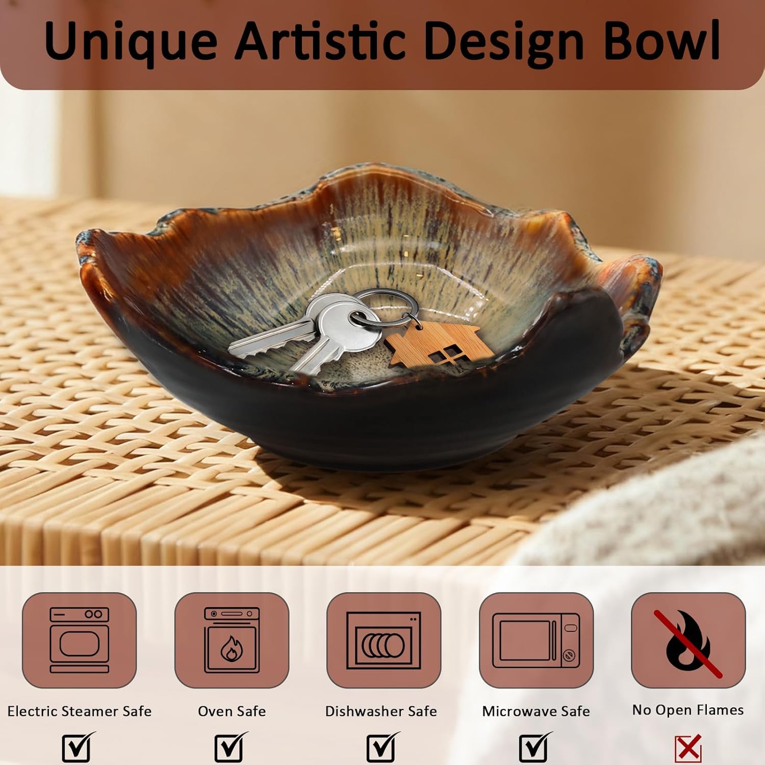 8" Ceramic Decorative Bowl，Irregular Rim Reactive Glaze Key Bowl For Entryway Table，Handcrafted Purse Catch All Bowls，Japanese Style Fruit Bowls For Tabletop or Home Decor