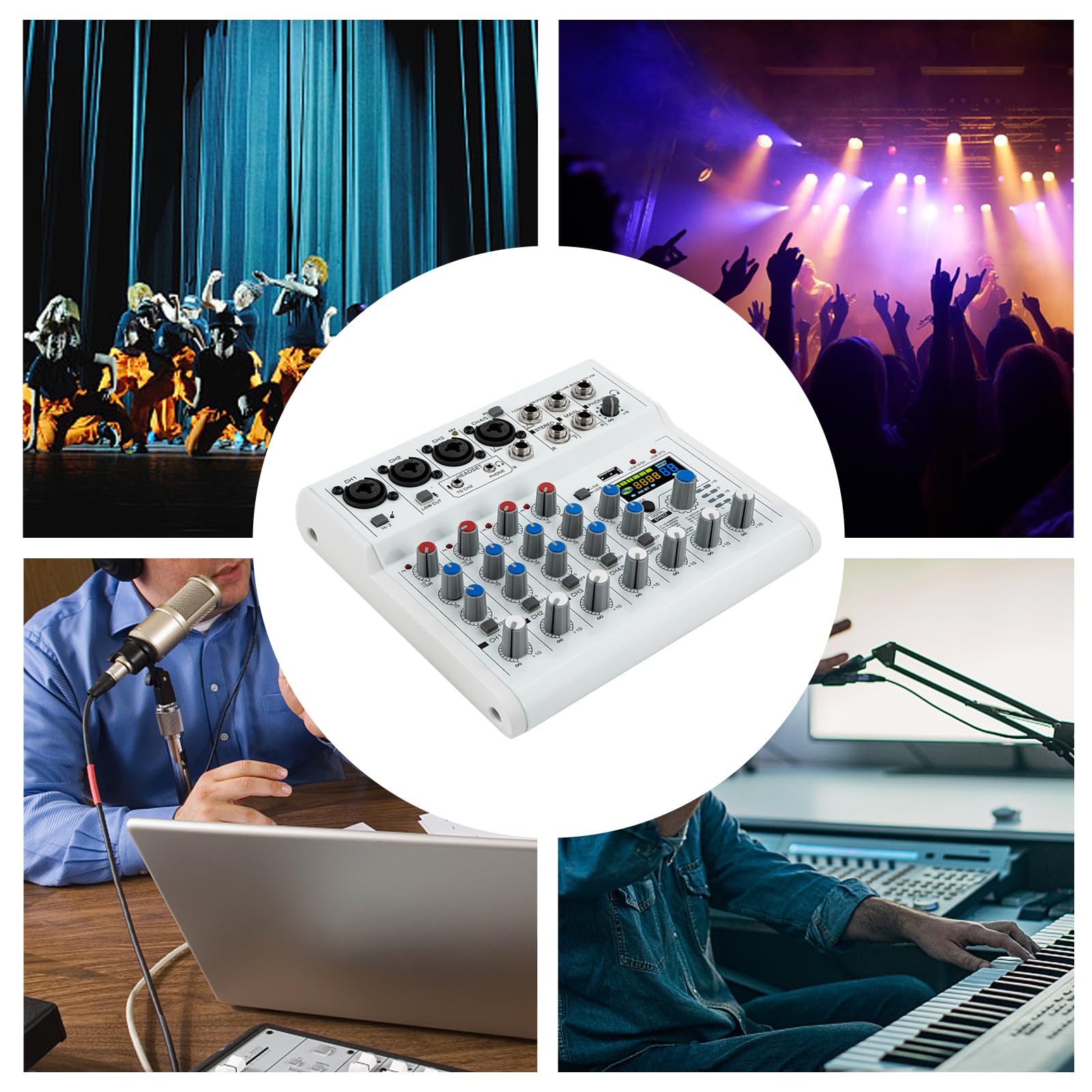 7 Kanal Stereo Live Mischpulte mit 88 digitale Effektprozessor, Professioneller Audio Sound Mixer mit Bluetooth und USB Schnittstelle, 48V Phantomspeisung DJ Stereo Sound Mischpult mit Farbdisplay