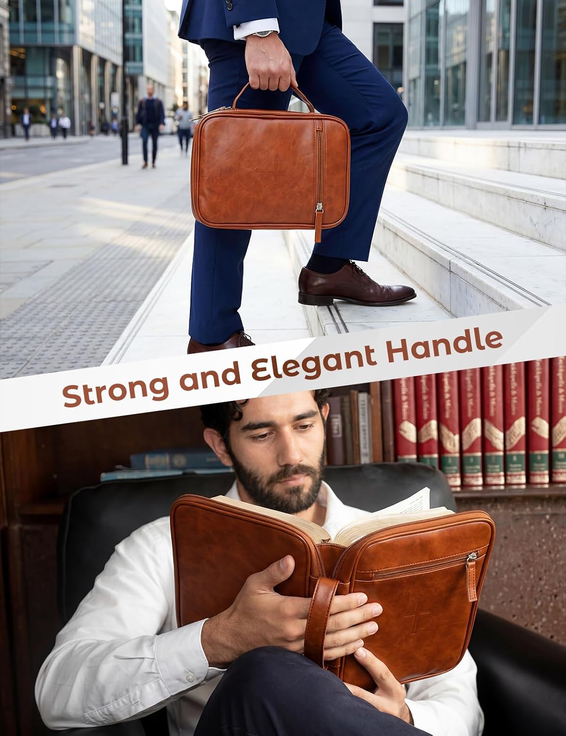 Bible Cover Case for Men Large Bible Cover Bag PU Leather Carrying Book Case Bible Book Cover with Handle Leather Christian Bible Journal Bible Study Supplies Religious Gift Church Bag