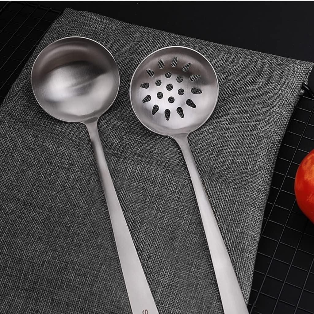 ENGENDER Strainer with Handle Cooking Skimmer Long Handle Hot Pot Colander Slotted Spoon Modern Mirror Finish Flatware Stainless Steel Fine Mesh Strainer Built-in Hang Hole