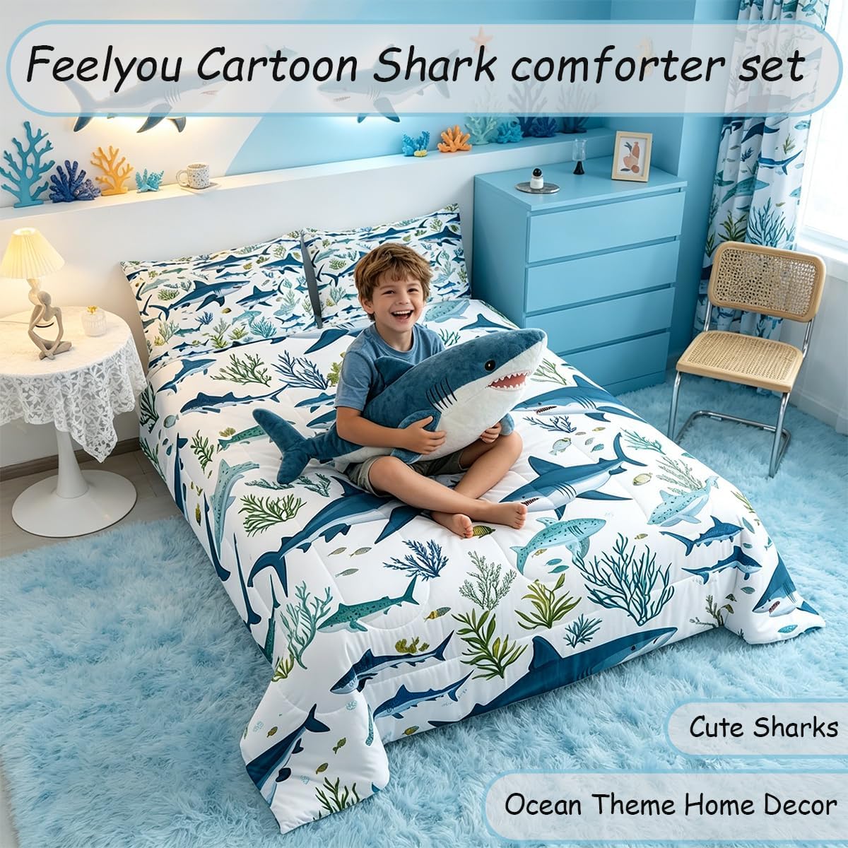 Feelyou Shark Comforter Set Twin Size Fish Bedding Set Kids Boys Girls Ocean Creature Themed Comforter Sea Underwater World Quilt Set