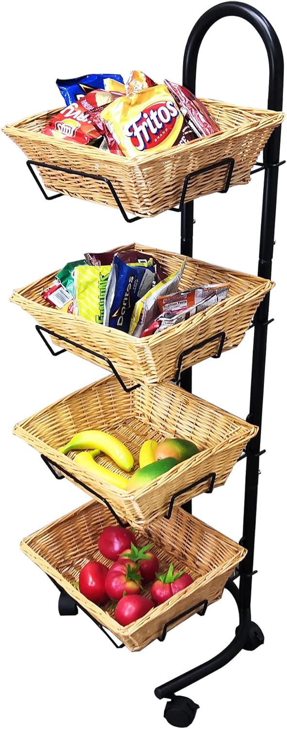 FixtureDisplays® Rolling Wicker Basket Display 4 Tier Market Merchandiser Stand Kitchen Pantry Organizer on Wheels 120009