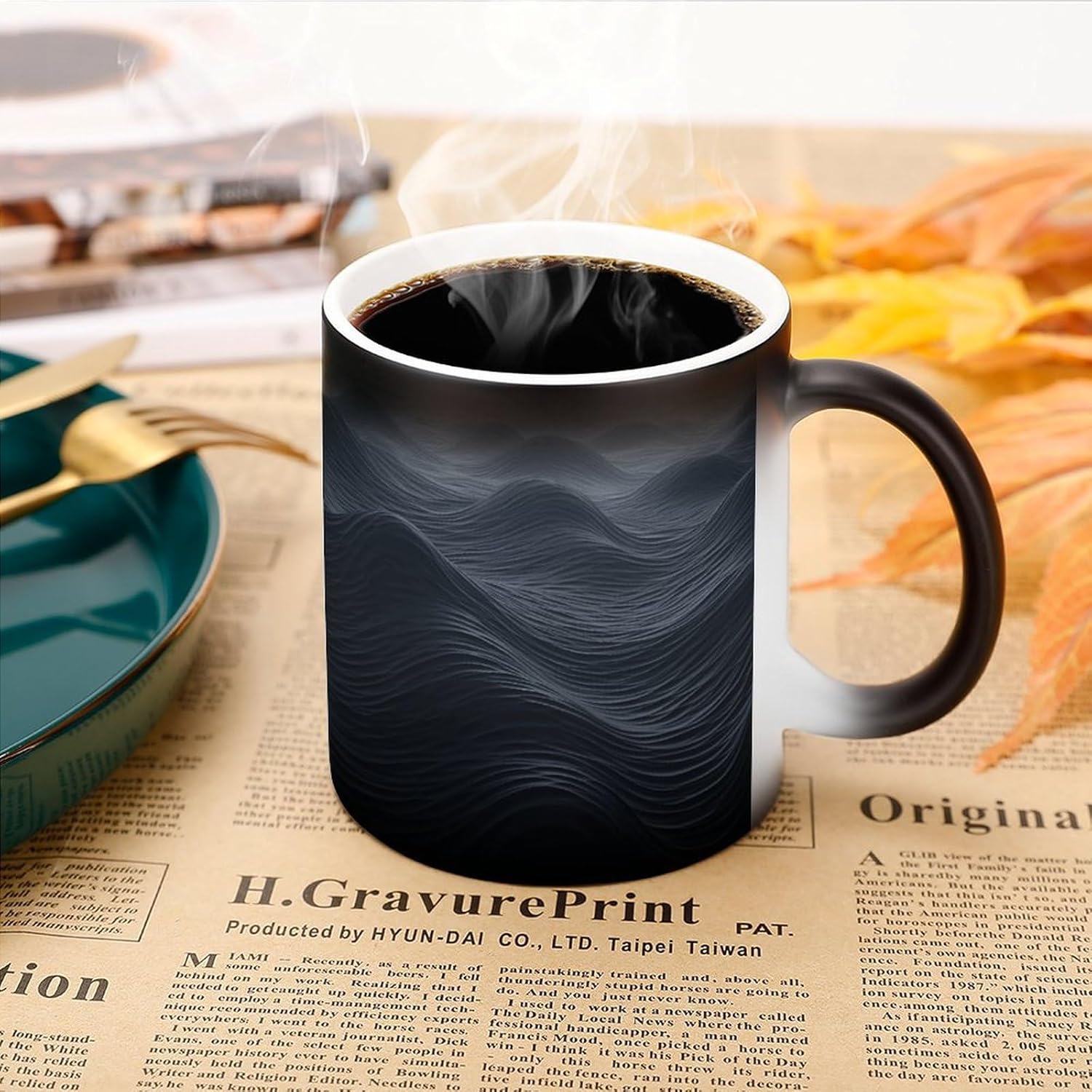 Color Changing Mug Deep Black Waves Printed Ceramic Coffee Mug Heat Changing Sensitive Mug Magic Heat Changing Coffee Mug Novelty Coffee Mugs