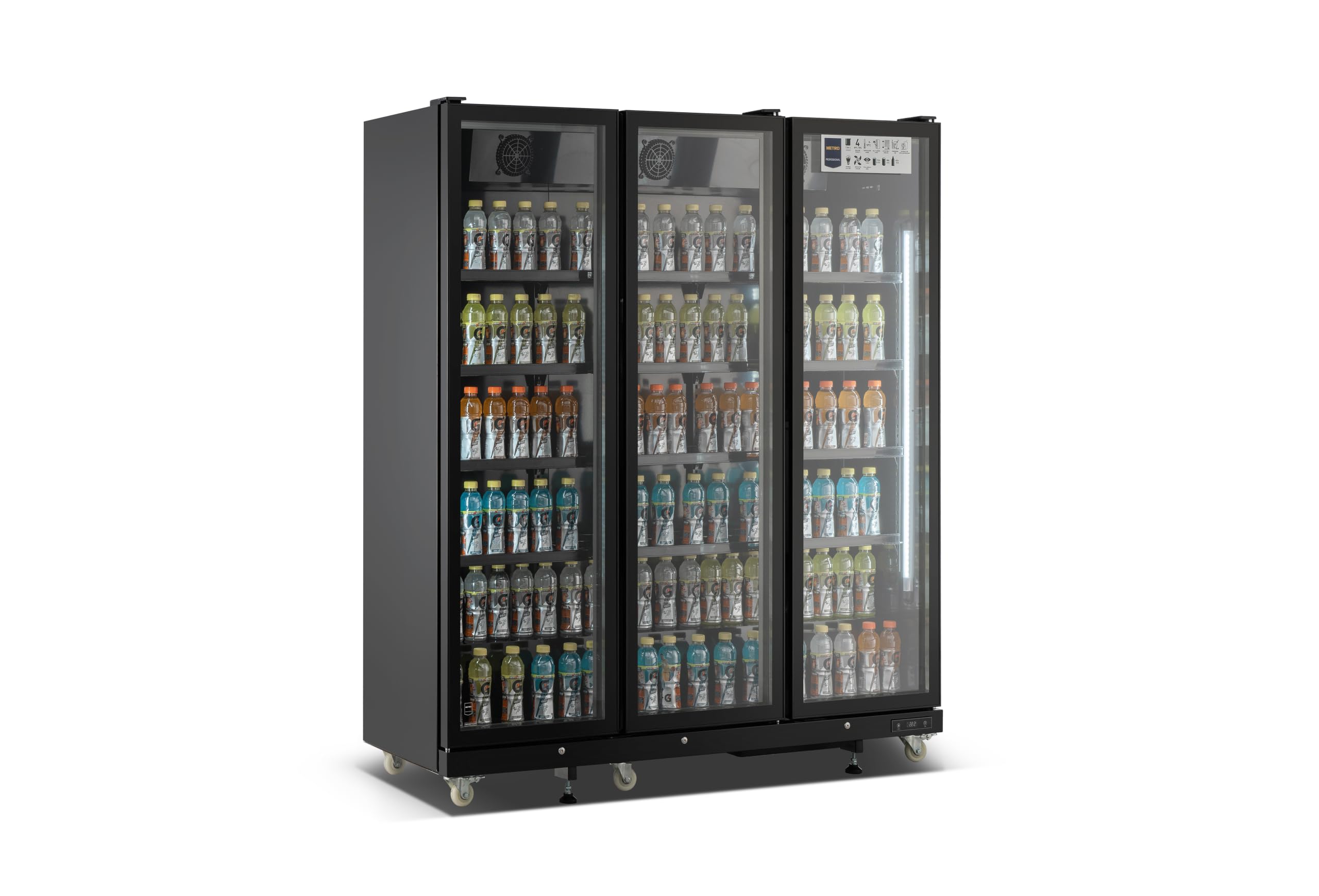 METRO Professional GSC11500B Réfrigérateur à Boissons 1344 L Noir | 3 Portes Vitrées, 8 Étagères Réglables, Éclairage LED Intérieur, Dégivrage Automatique, Classe Énergétique C