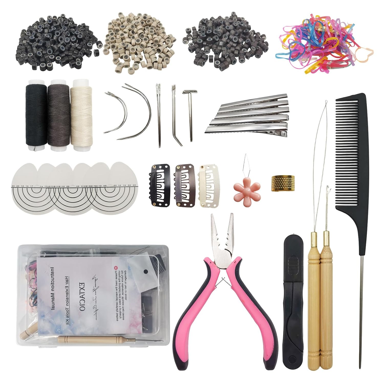 Sew in Hair Extensions Kit, Micro Ring Beads Tool with Pliers, Crochet Hook, Loop Needle,C/J/I/L Needles, Sewing Scissors,Heat Protector Shields,Threads,Clips for I Tip/Micro Link Extensions