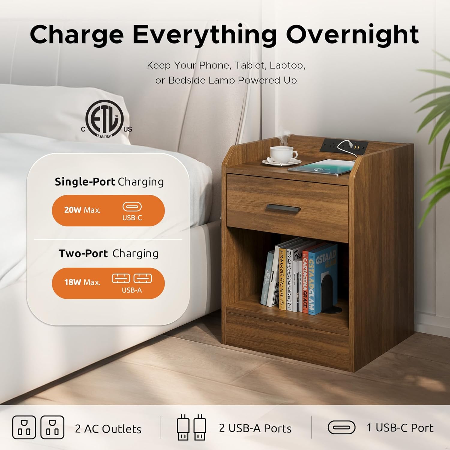 Nightstand with Hidden Drawer & Charging Station, Modern Bedside Table with Storage Drawer and Hidden Compartment, for Bedroom, AC Outlets, USB-A & USB-C Ports, Walnut