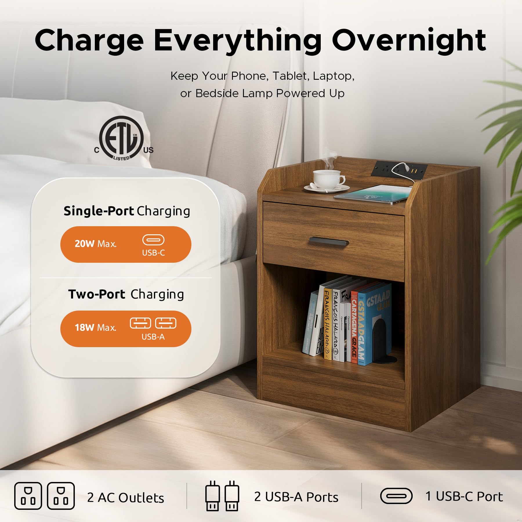 Lazzanto Nightstand with Hidden Drawer & Charging Station, Modern