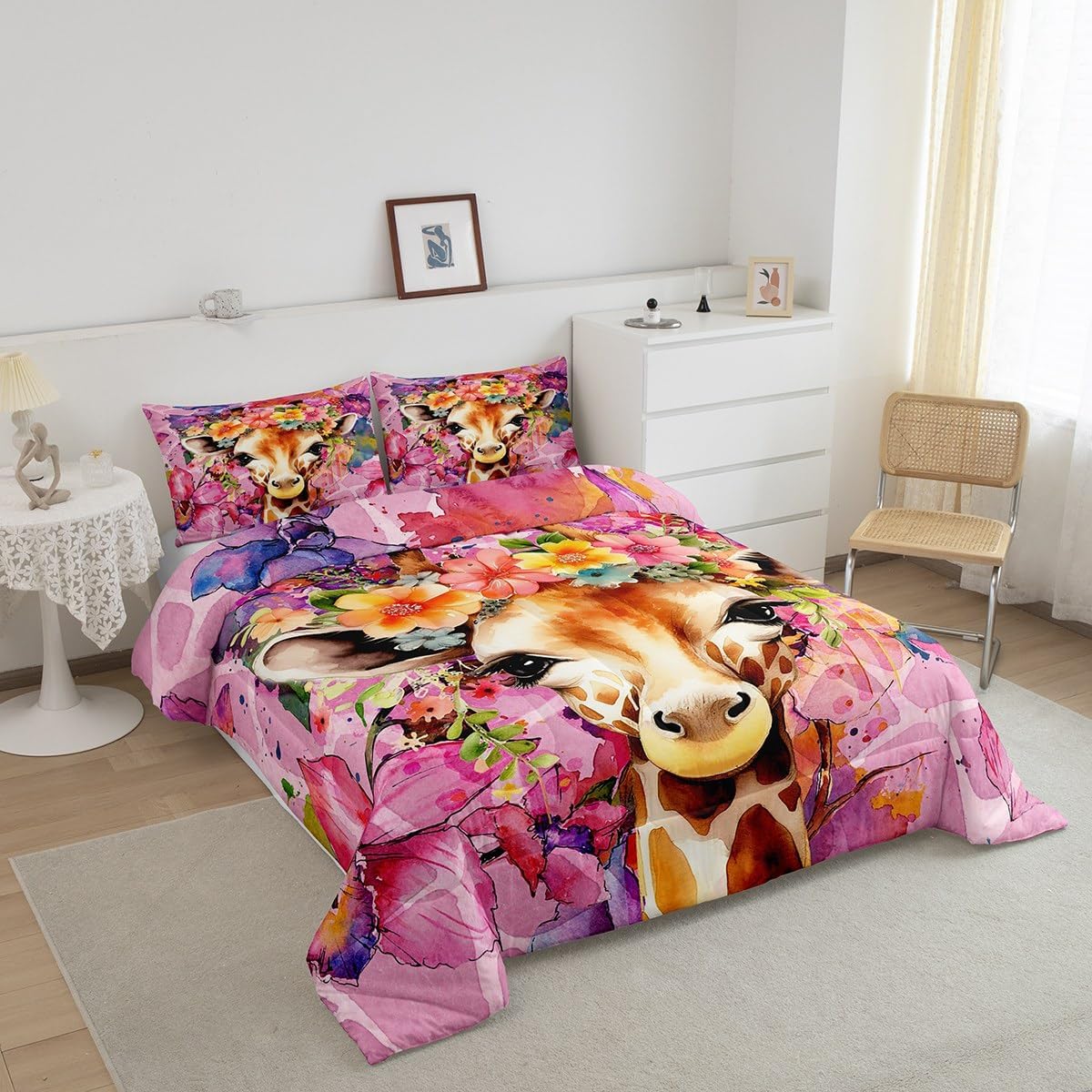 Feelyou Cute Giraffe Comforter Set Colorful Flower Bedding Set for Kids Teens Cartoon Animal Comforter Twin Size Botanical Quilt Set 2Pcs