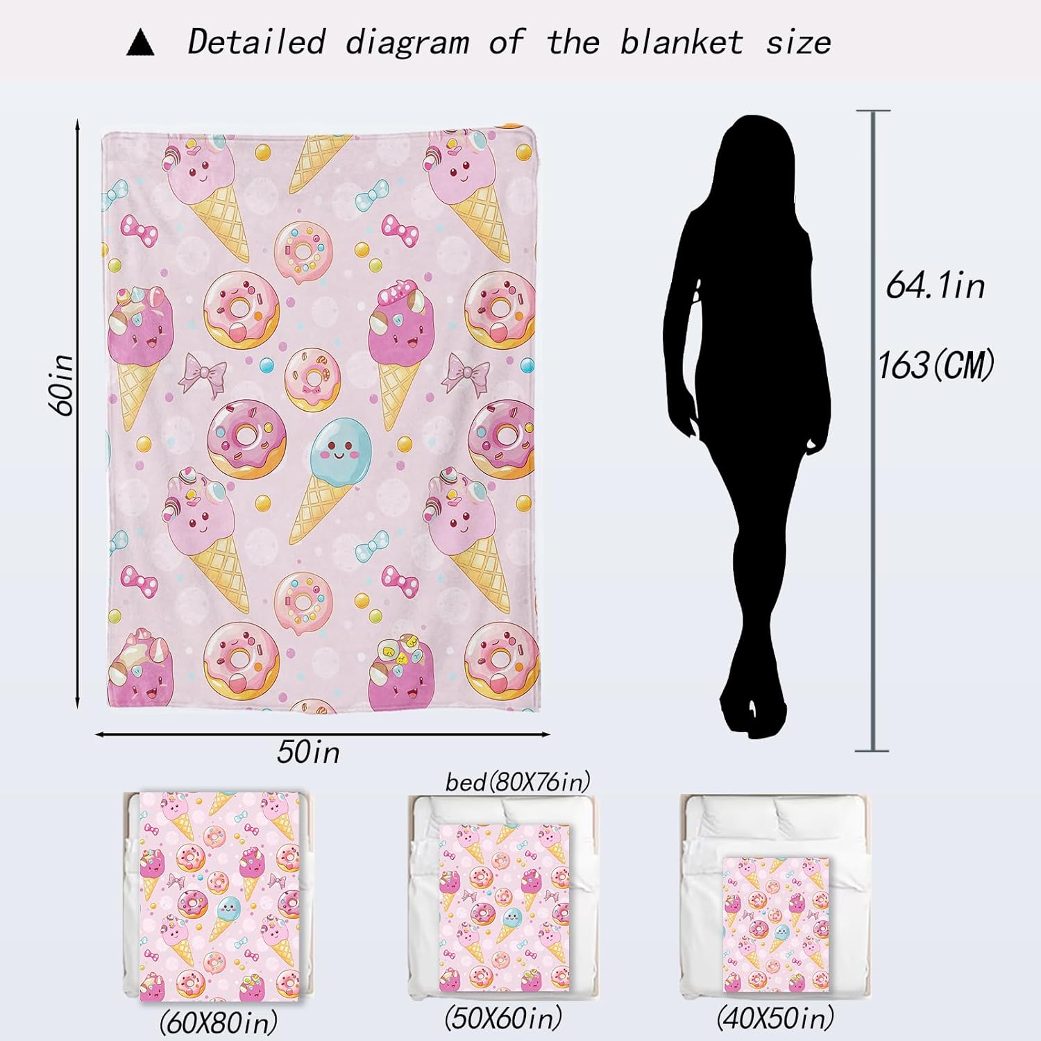 Sweet Treats Flannel Blanket - Ice Cream & Donut Throw,Gifts for Kids Girls & Dessert Food Lovers, Ultra Soft & Warm,Lightweight, for Couch, Bedroom, Living Room Decor & Travel 50x60in