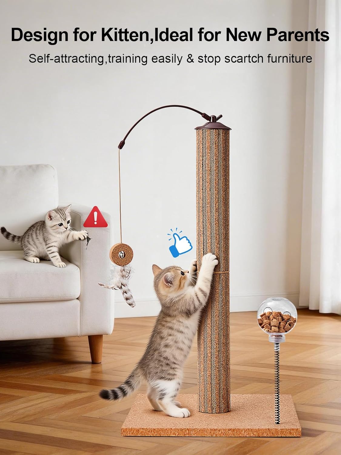 Kitten Claw Friendly Scratching Post Cork & Cardboard Mix Indoor 26" Premium Durable Nature Kittens Scratch Post Tree with Snack Ball & Feather Interactive Toys for Novice Cat Owner