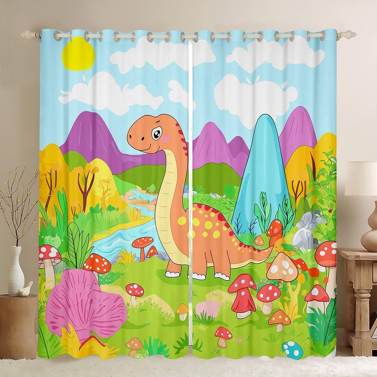 Dinosaur Mushroom Window Curtain,Botanical Animal Curtains Kids Boys Girls Home Room Decor,Abstract Mountain River Cartoon Window Treatment Curtain,Nature Scenery Window Drapes,2 Panels,52Wx63L