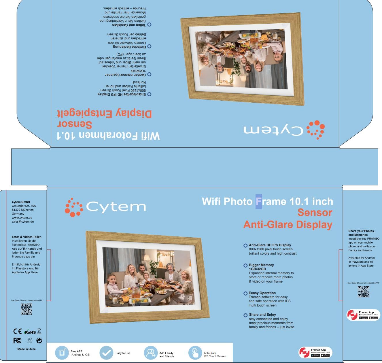 Cytem Cadre photo numérique 10,1" avec Wi-Fi et frameo, anti-reflet, mat, mémoire 32 Go, détecteur de mouvement, image, cadre photo électronique, écran tactile IPS 1280 x 800, noir