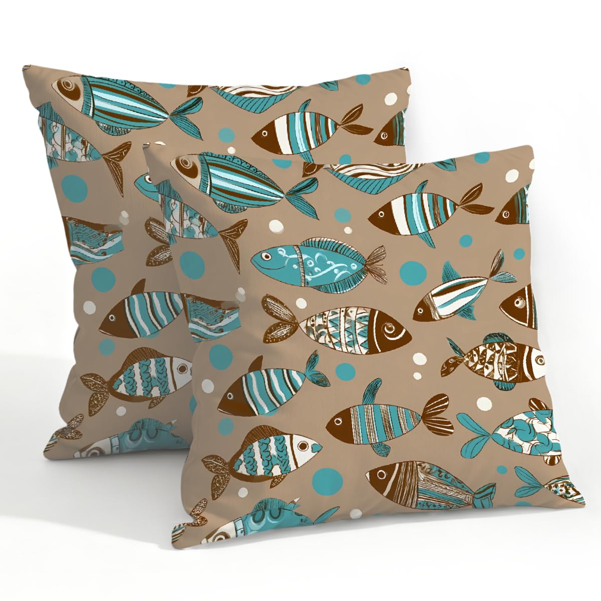 Outdoor Pillow Covers Waterproof Pillowcases 22x22in Set of 2 Boho Teal Fish On Brown Decorative Throw Cushion Case for Couch Sofa Garden Patio Furniture