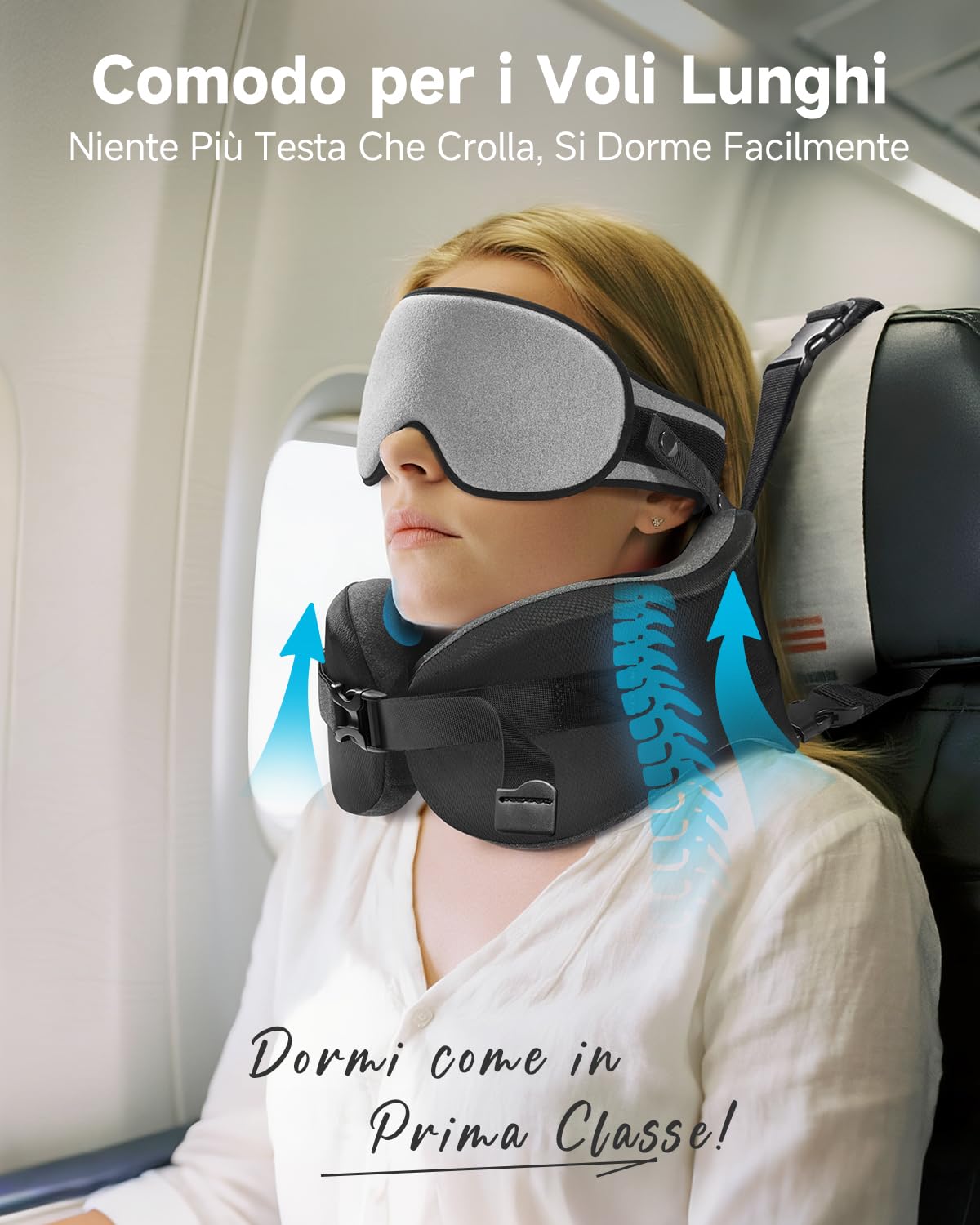 Umisleep Cuscino da Viaggio Memory Foam, Cuscino Cervicale per Aereo con Supporto 360°, con Maschera Occhi 3D, Cuscino da viaggio anticaduta testa per aereo, Ideale per Voli Lunghi, Grigio