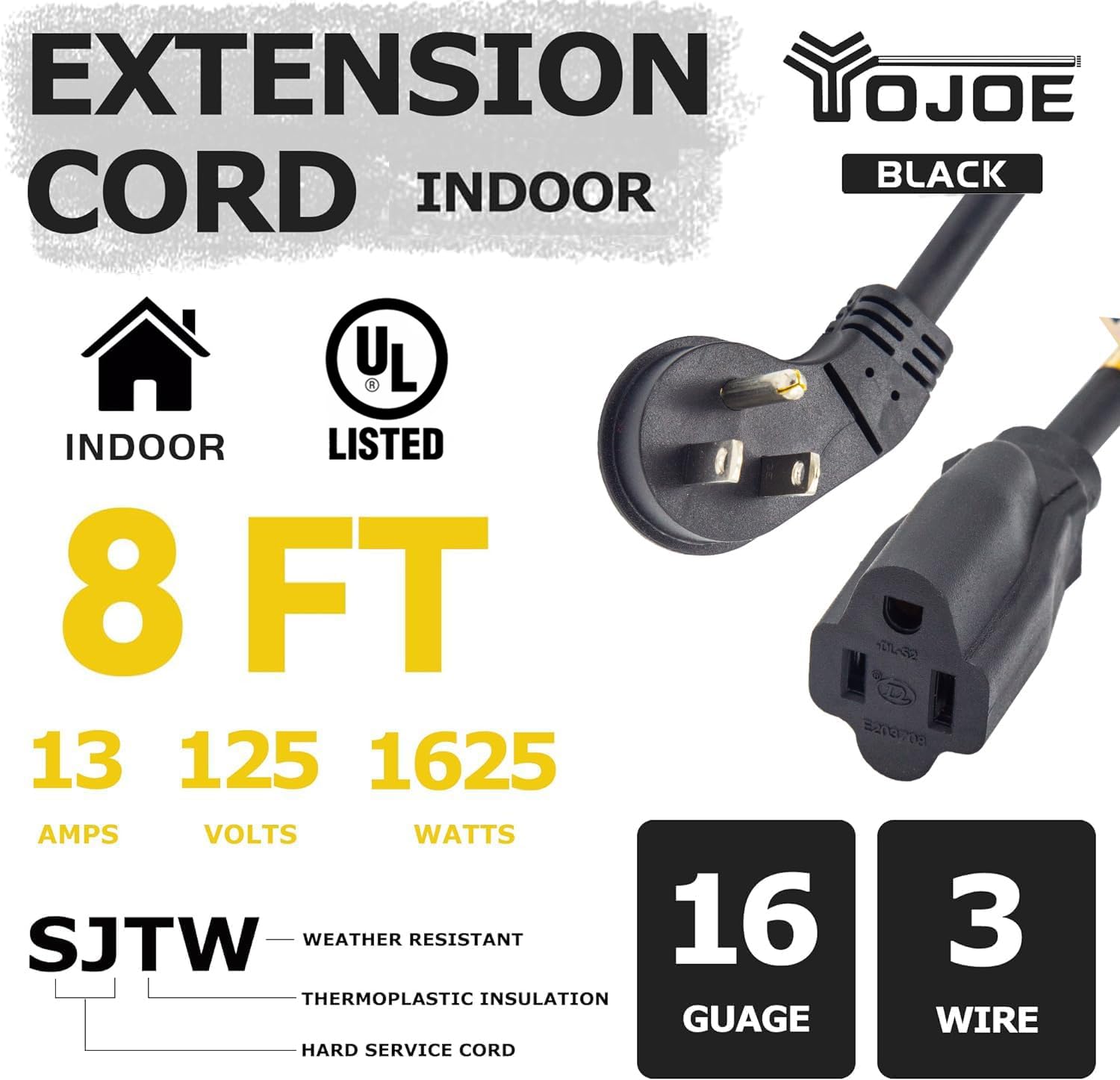 YOJOE Cable de extensión de 3 puntas para interiores, calibre 13 A, calibre 16, resistente para garaje, jardín y hogar