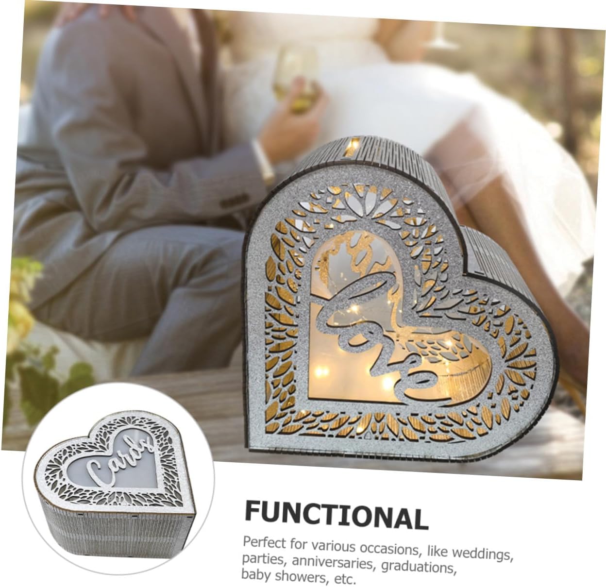 POPETPOP Heart Wooden Card Box with Hollow Glitter Design, Wood Storage Box for Blessing Cards and Envelopes, Wedding Anniversary Valentine’s Day Party Decoration