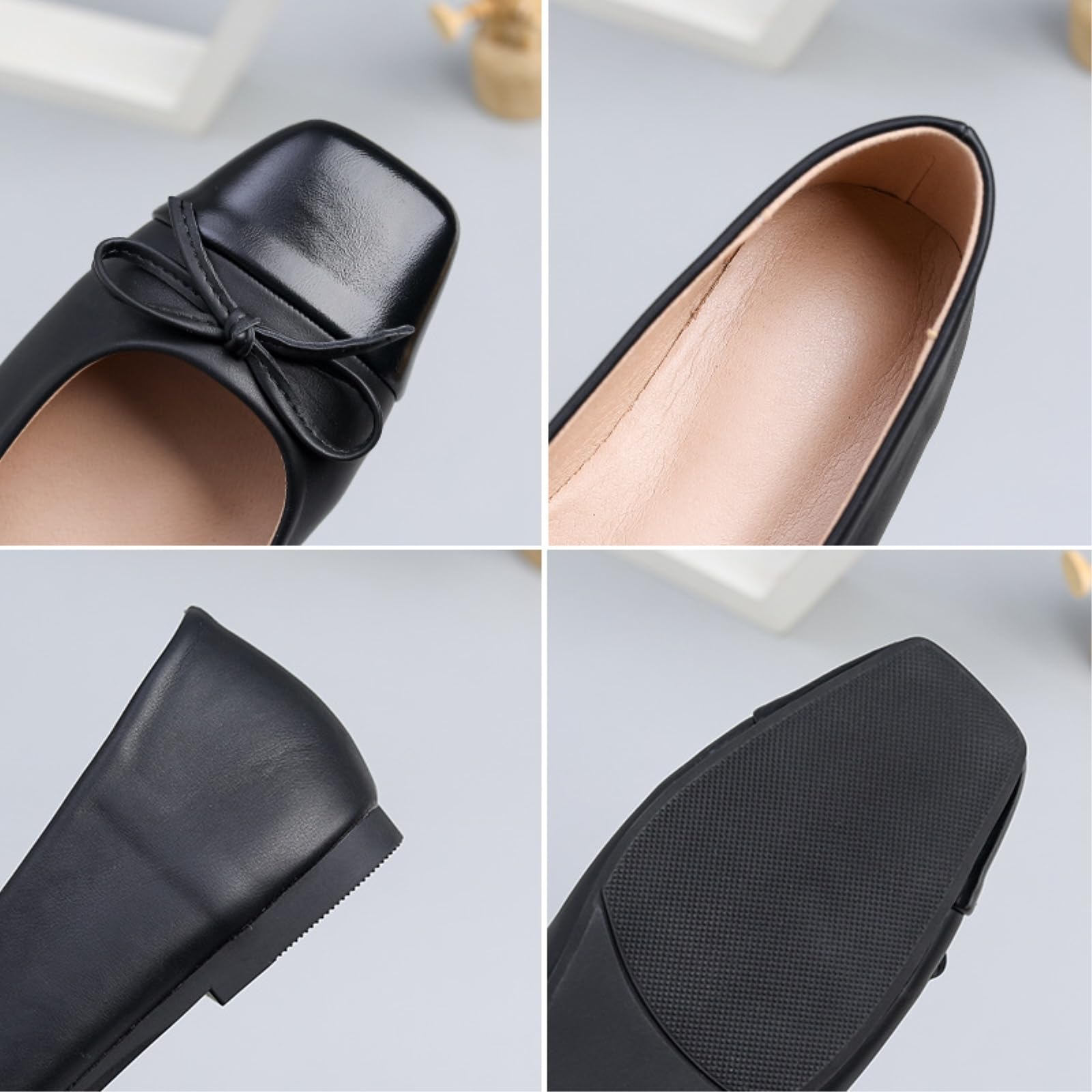 SMYDM - Ballerine da donna con punta quadrata e fiocco, in pelle PU, comode, piatte, per ufficio, lavoro, colore: nero, blu navy, rosso