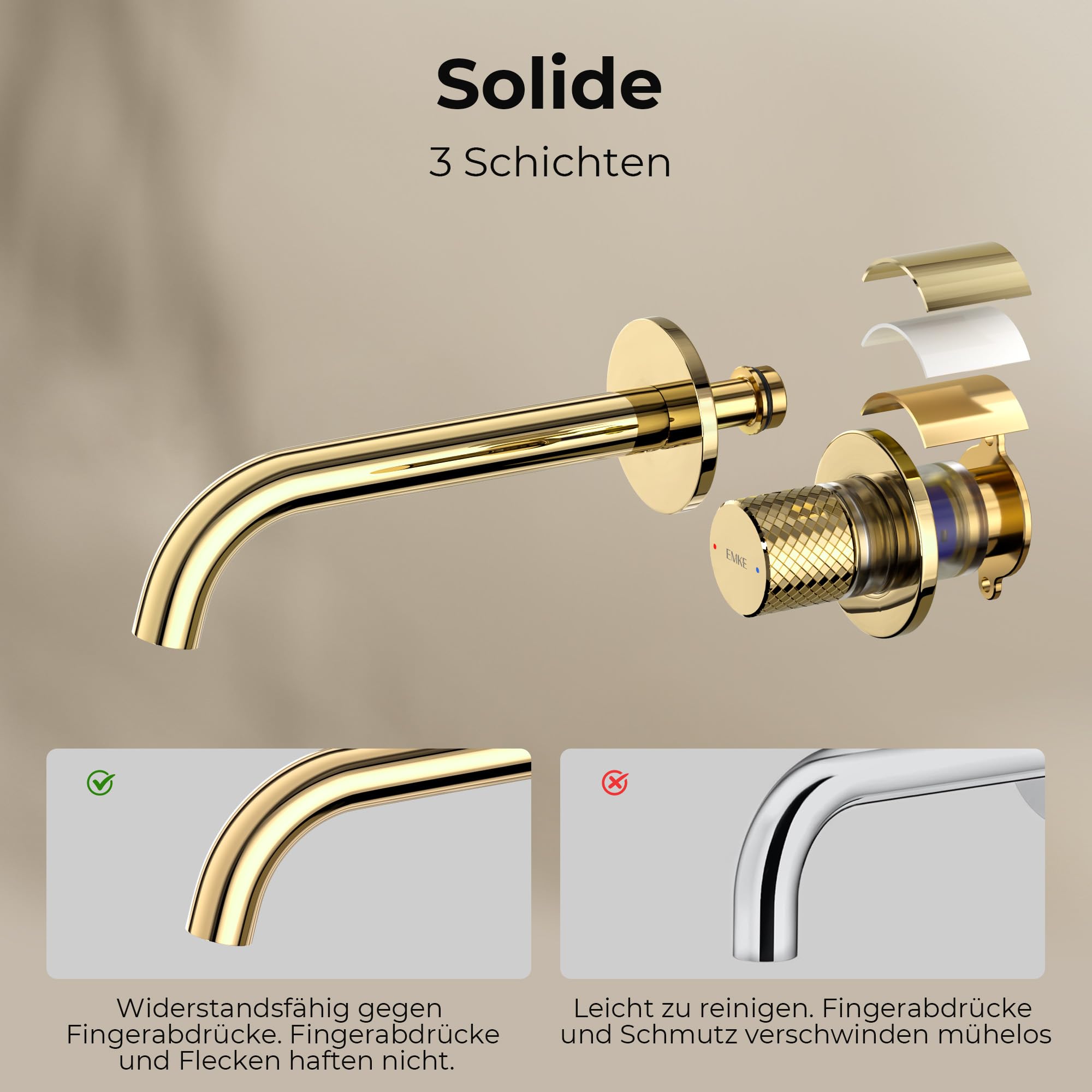 EMKE Waschtischarmatur Unterputz für Wandmontage, Wasserhahn Bad Unterputz, Mischbatterie Waschbecken wassersparend, Einhebelbatterie Armatur mit Auslauflänge 17 cm 4MS-Messing, Champagnergold
